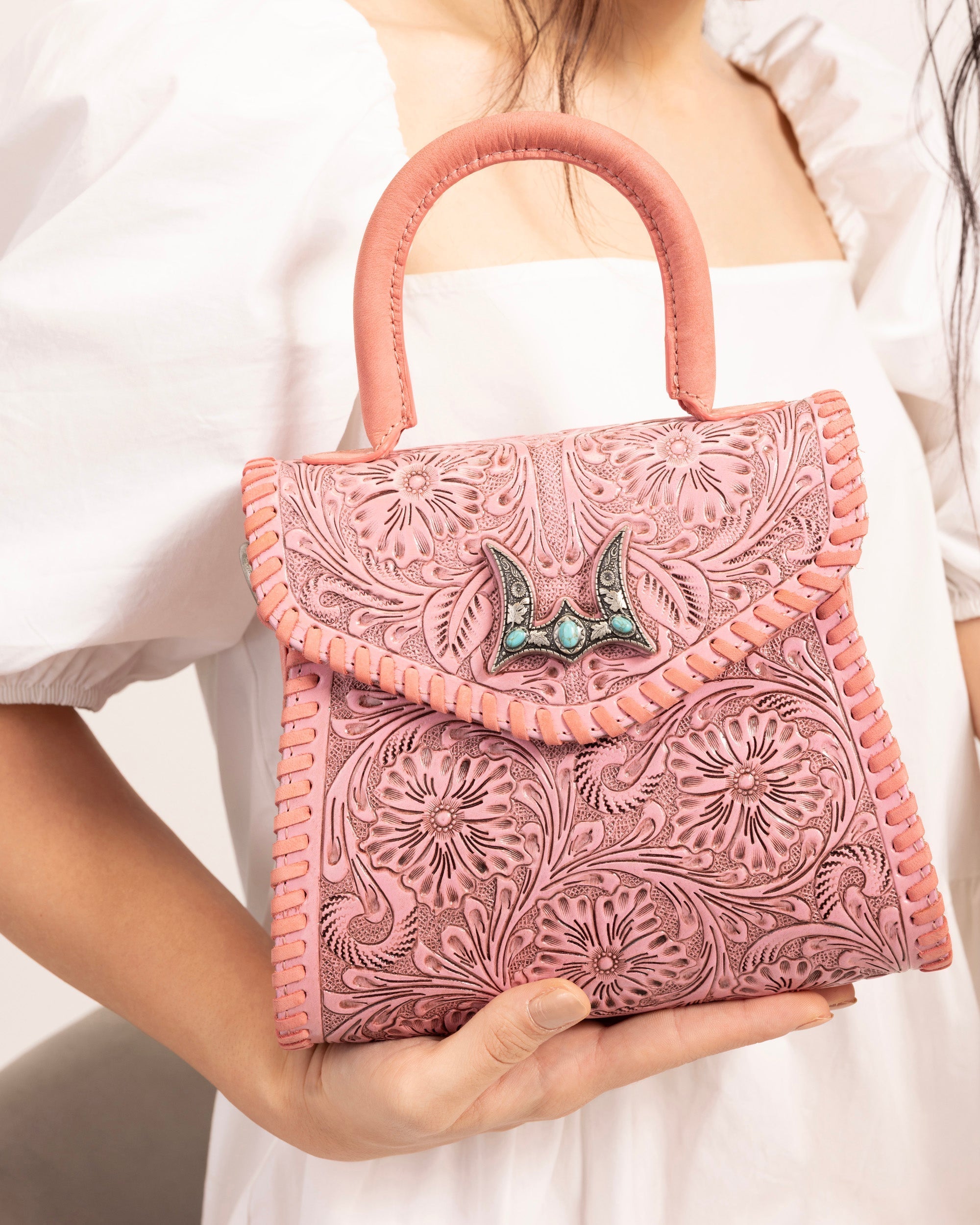 Loyal West Leon Mini Handle Purse - Pink Handtooled Leather & Calfskin
