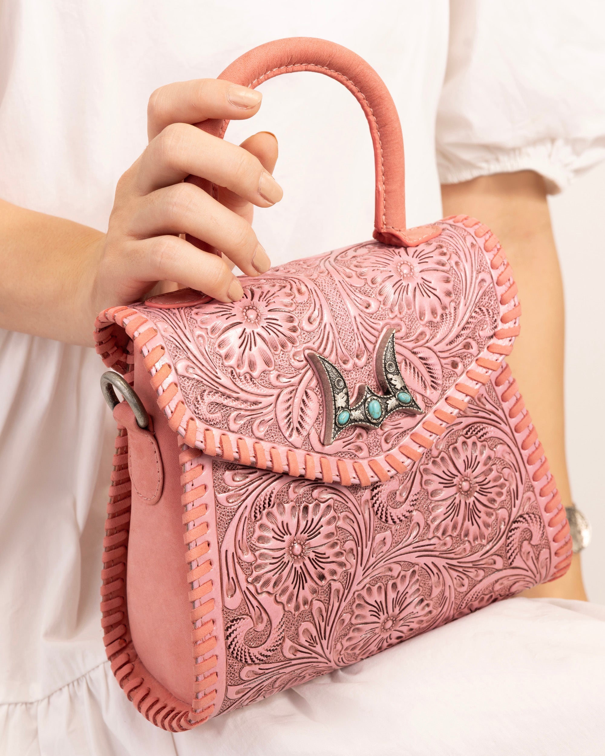 Loyal West Leon Mini Handle Purse - Pink Handtooled Leather & Calfskin