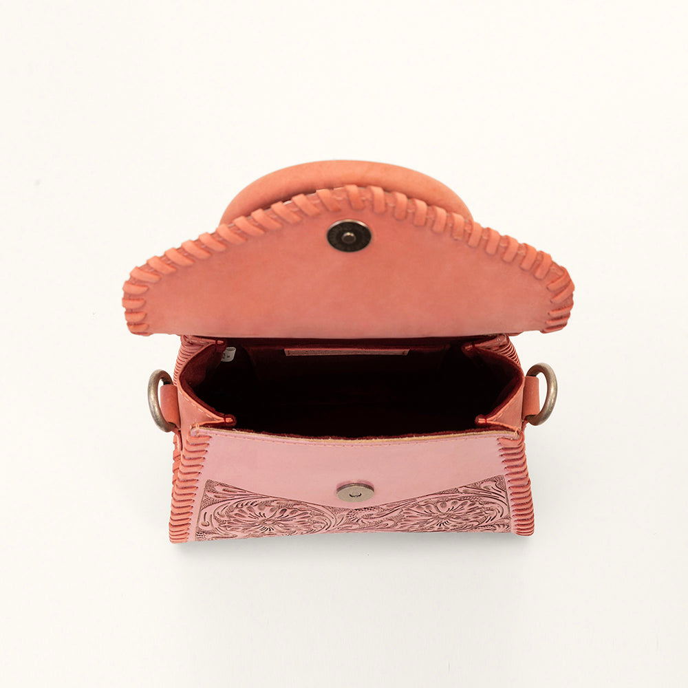 Loyal West Leon Mini Handle Purse - Pink Handtooled Leather & Calfskin - Myra USA