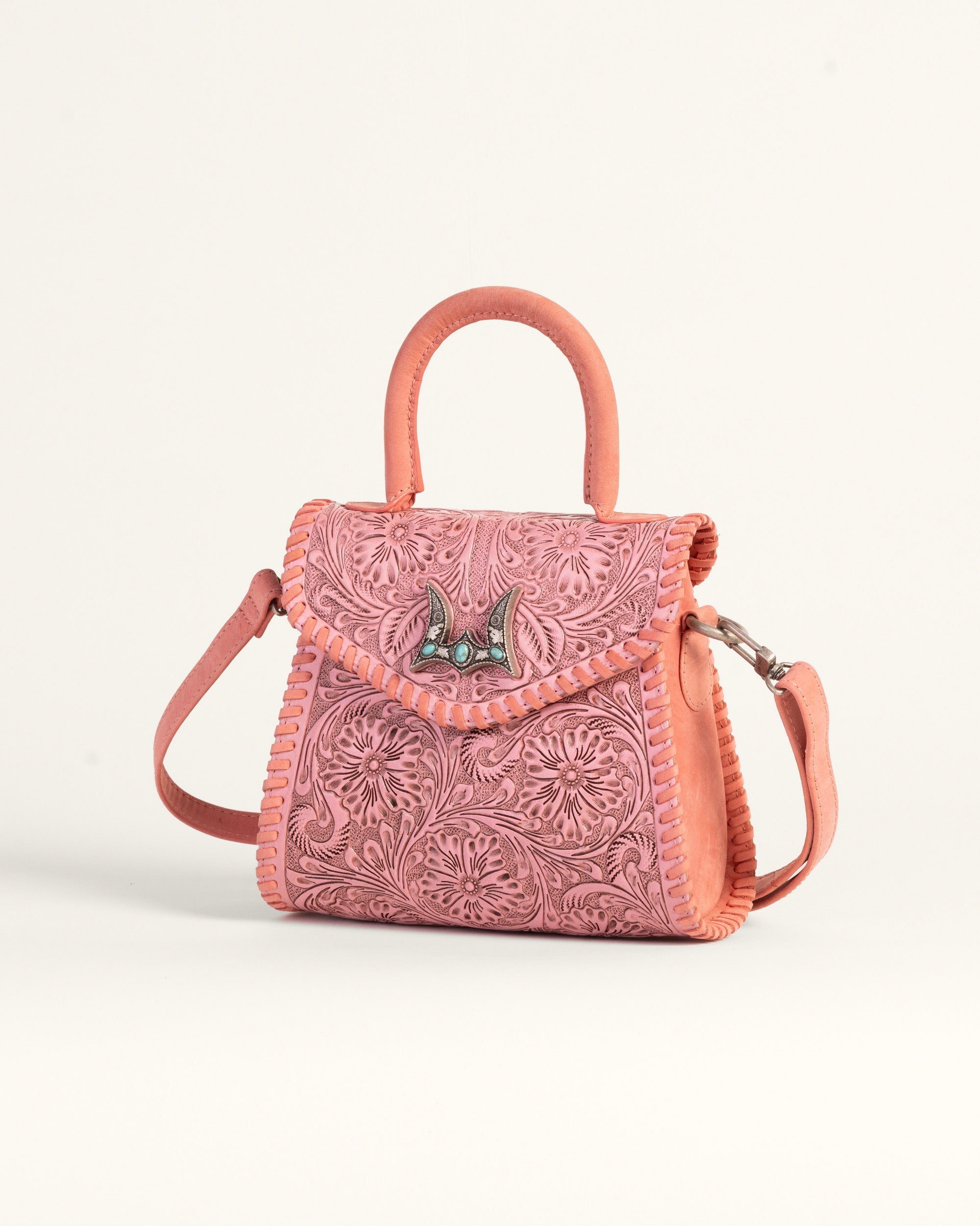 Loyal West Leon Mini Handle Purse - Pink Handtooled Leather & Calfskin