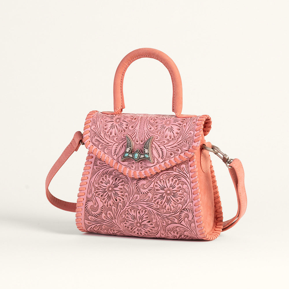 Loyal West Leon Mini Handle Purse - Pink Handtooled Leather & Calfskin - Myra USA