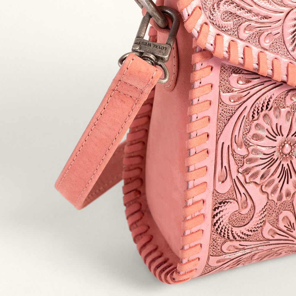 Loyal West Leon Mini Handle Purse - Pink Handtooled Leather & Calfskin - Myra USA