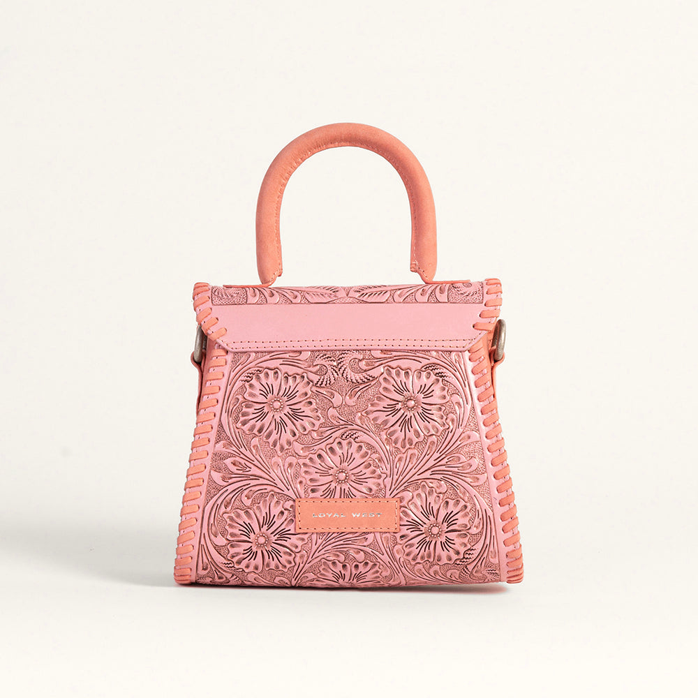 Loyal West Leon Mini Handle Purse - Pink Handtooled Leather & Calfskin - Myra USA