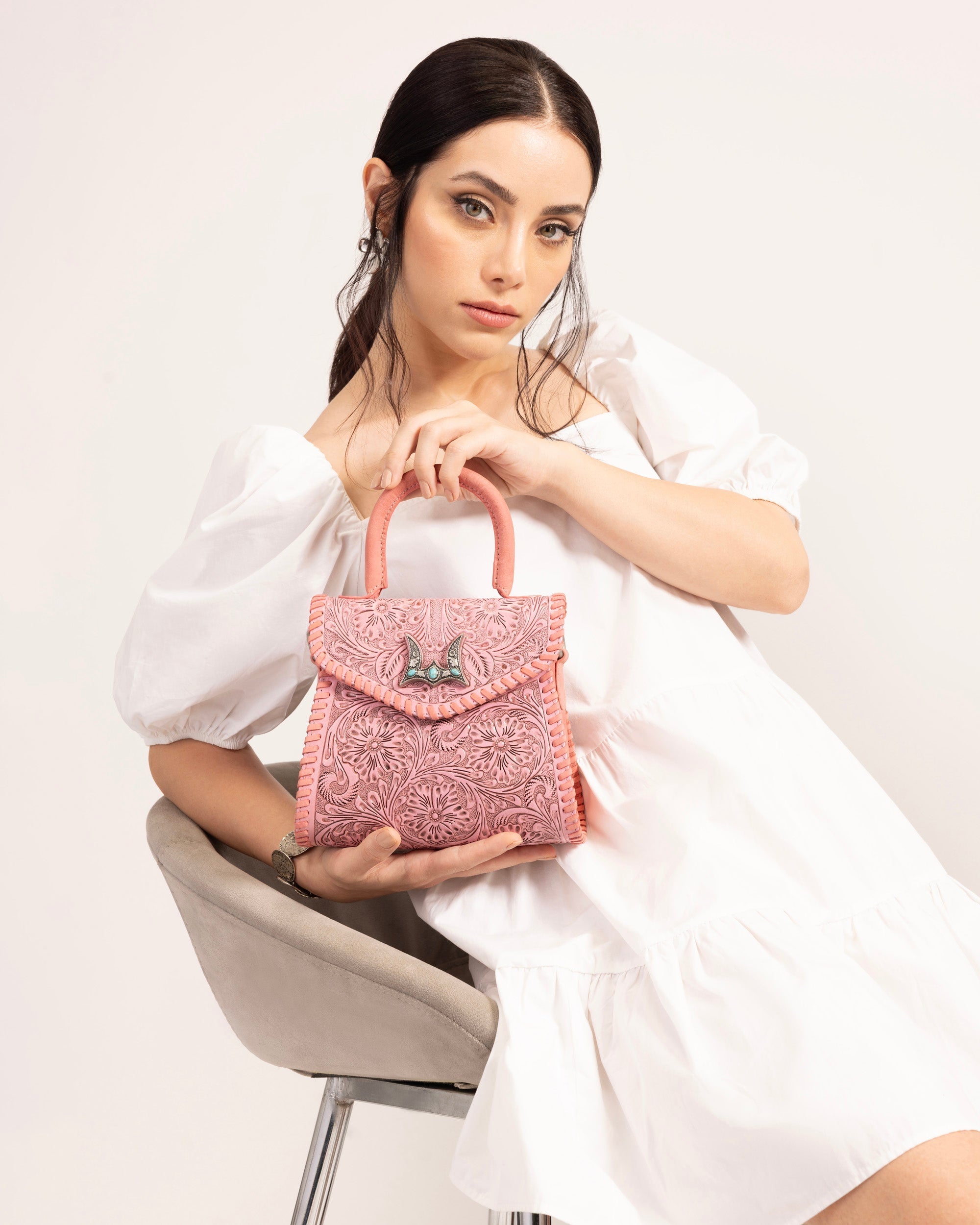 Loyal West Leon Mini Handle Purse - Pink Handtooled Leather & Calfskin