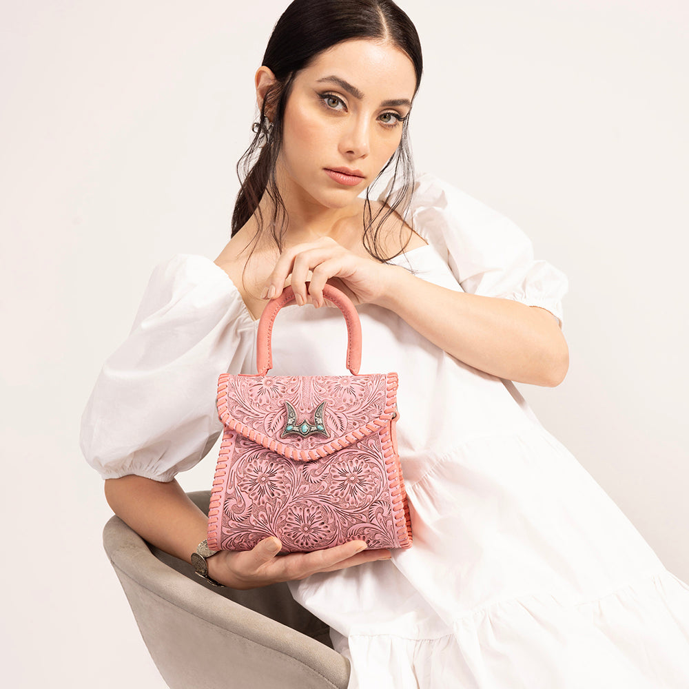 Loyal West Leon Mini Handle Purse - Pink Handtooled Leather & Calfskin - Myra USA