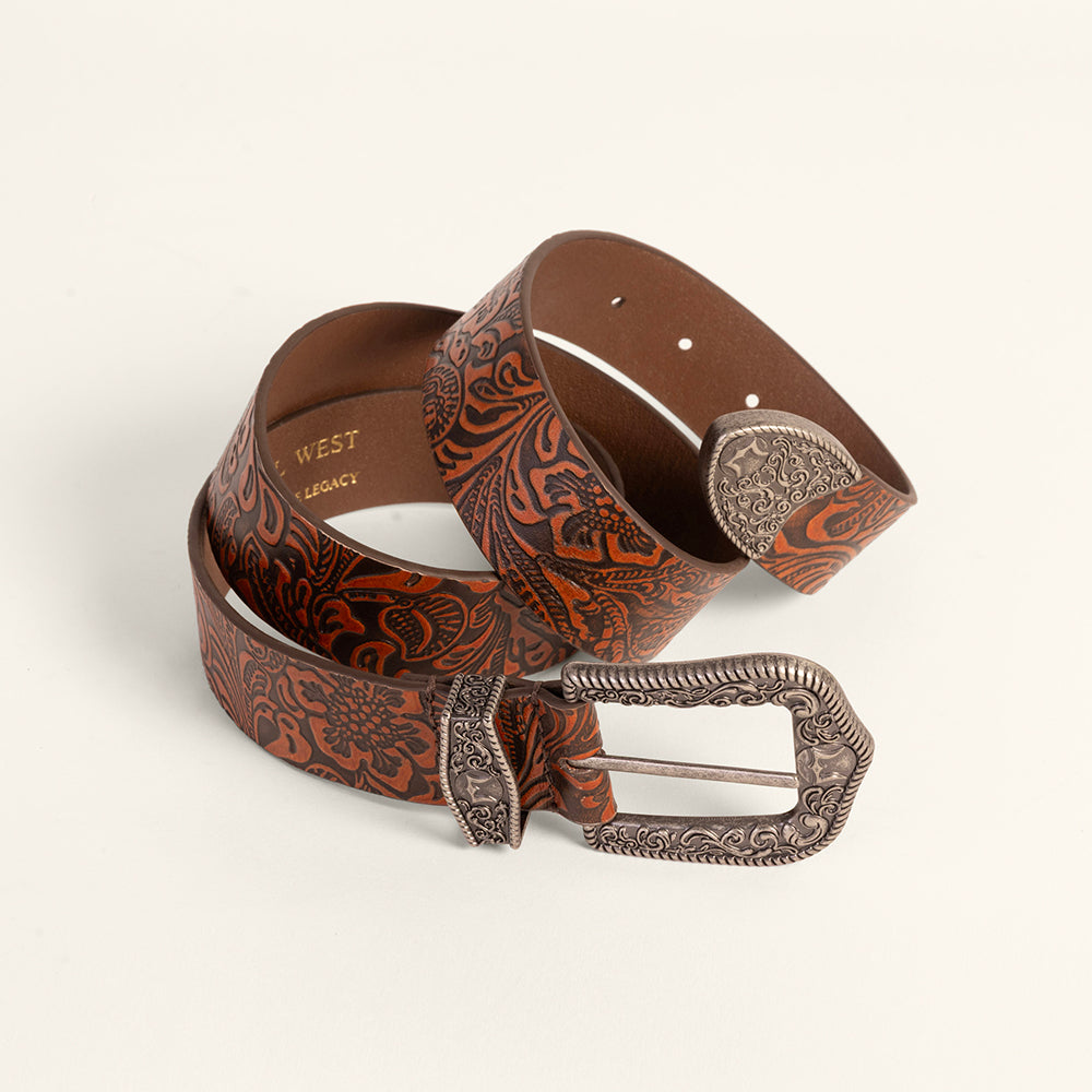 Loyal West Sophia Belt - Brown Floral Leather - Myra USA
