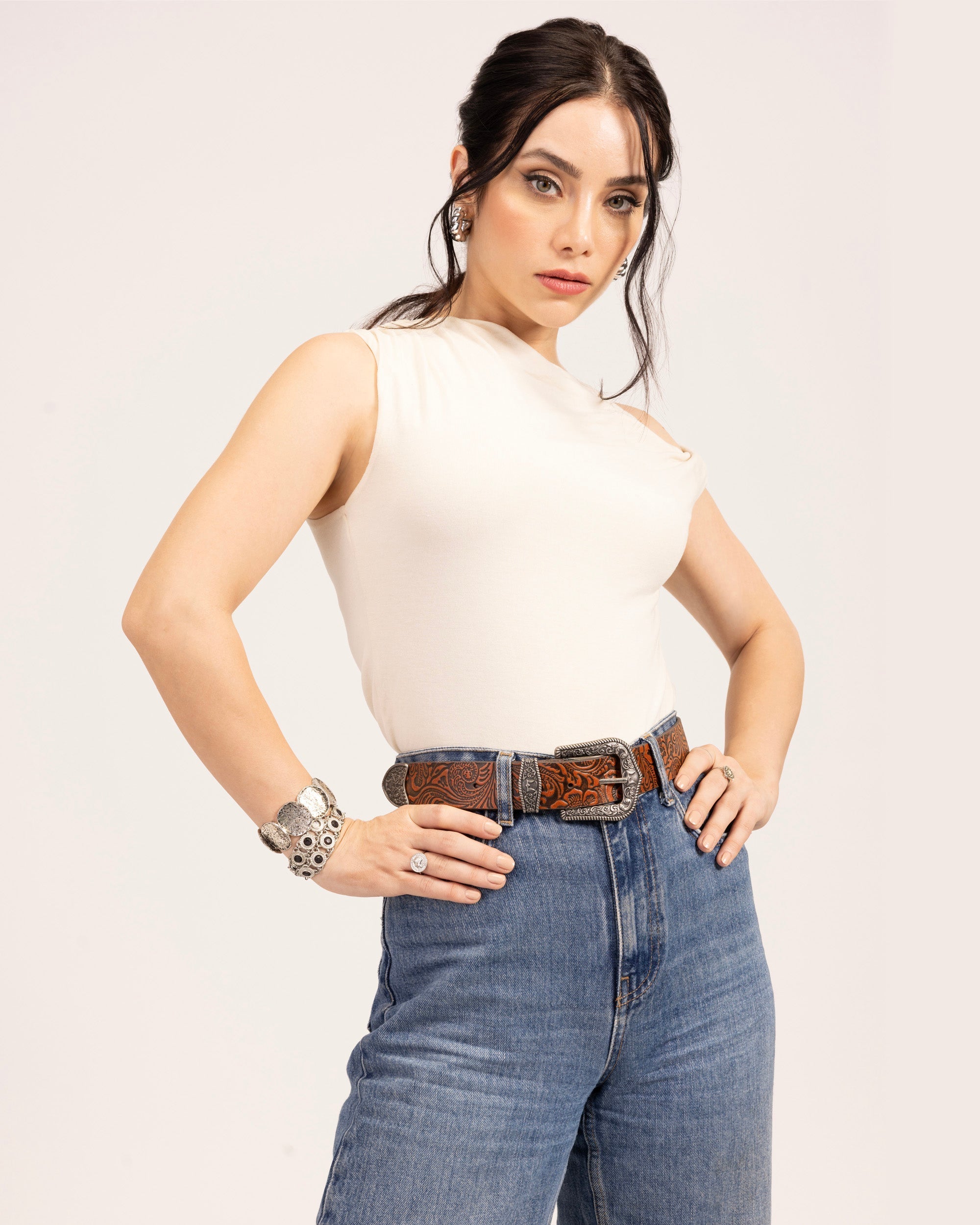 Loyal West Sophia Belt - Brown Floral Leather - Myra USA