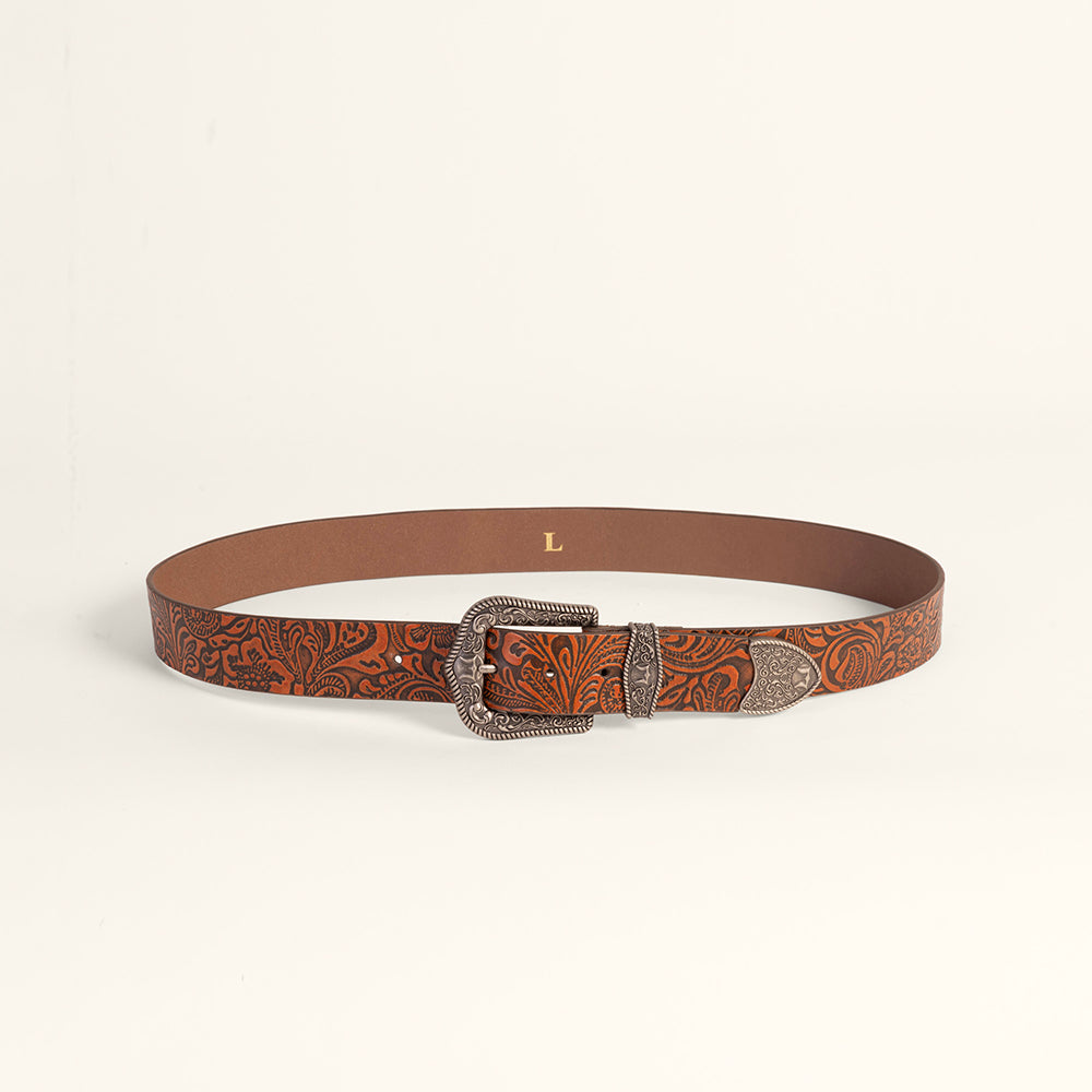 Loyal West Sophia Belt - Brown Floral Leather - Myra USA