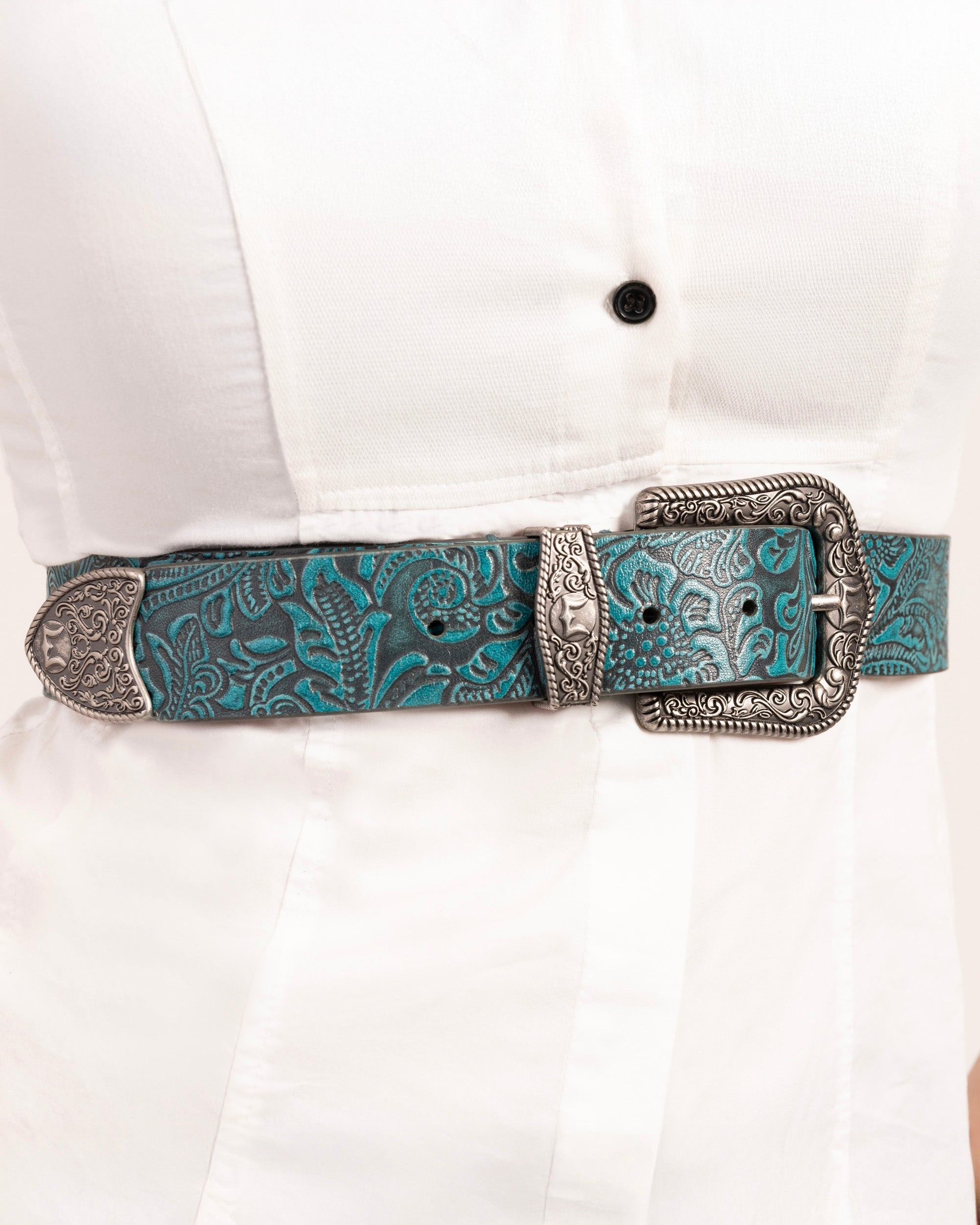 Loyal West Sophia Belt- Turquoise Floral Leather
