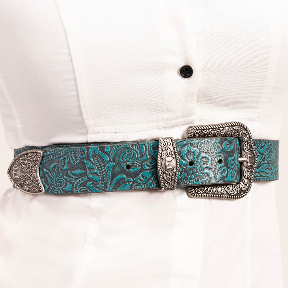Loyal West Sophia Belt- Turquoise Floral Leather - Myra USA