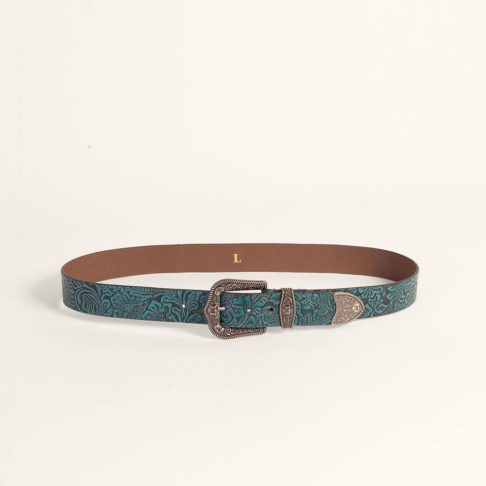 Loyal West Sophia Belt- Turquoise Floral Leather - Myra USA