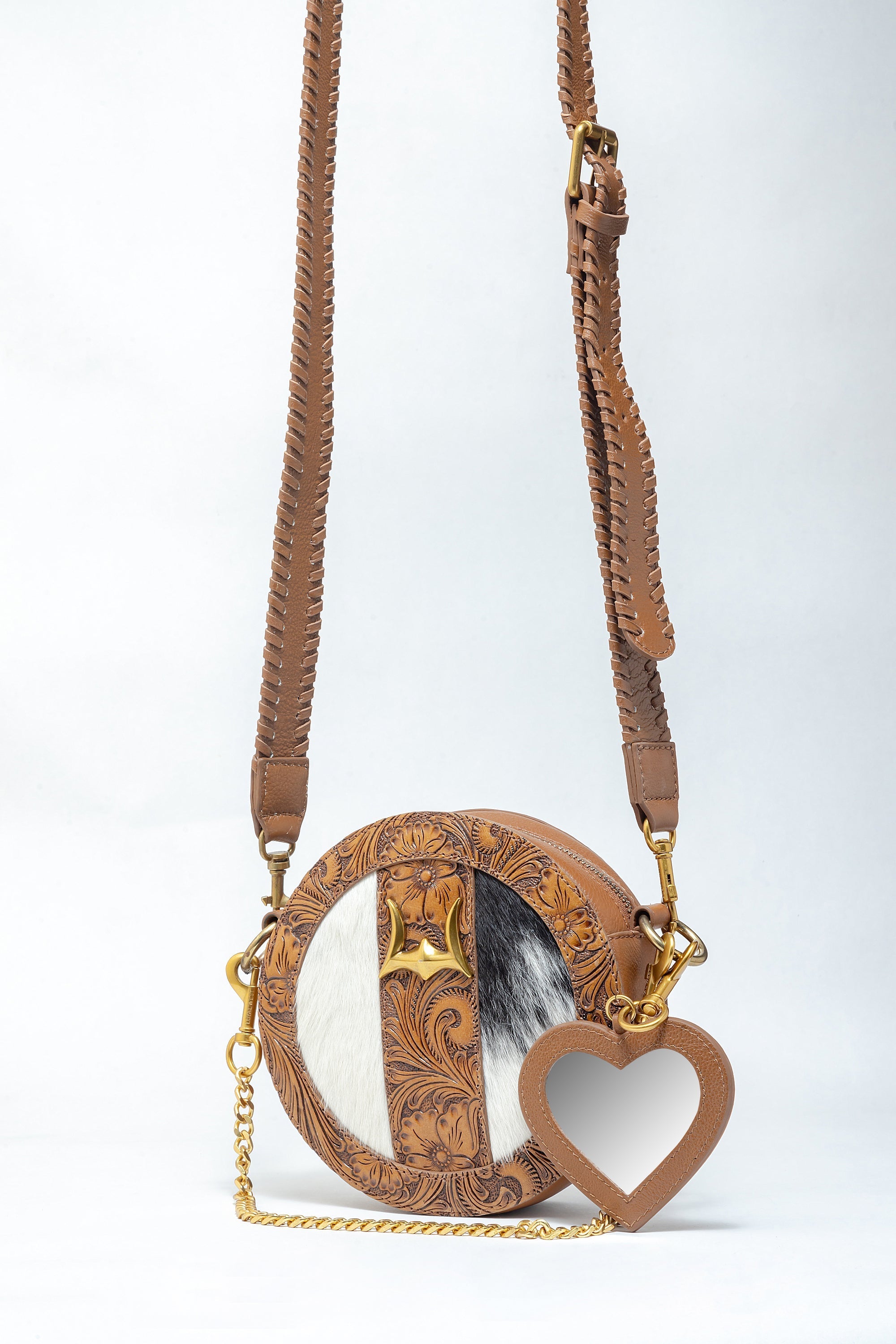 Loyal West Leon Full Moon Bag In Handtooled Leather & Black And White Cowhide - Myra USA