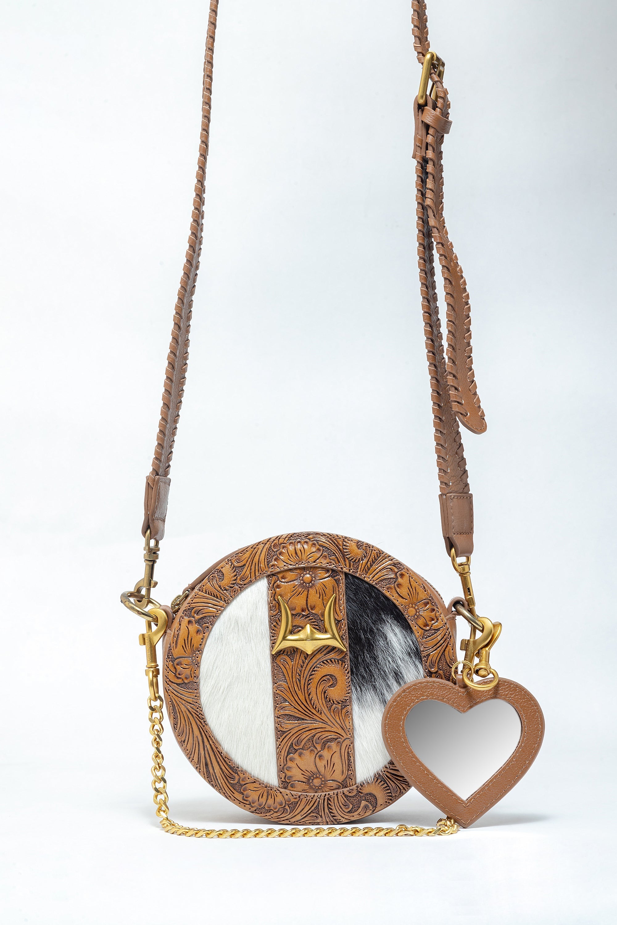 Loyal West Leon Full Moon Bag In Handtooled Leather & Black And White Cowhide - Myra USA