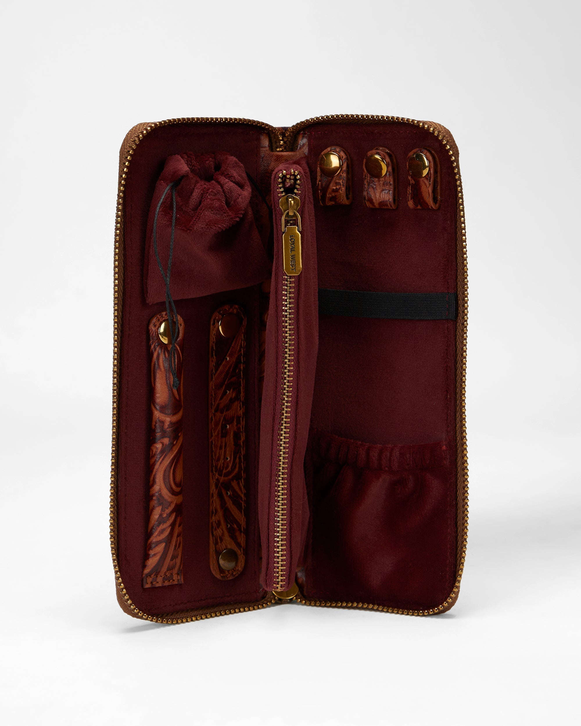 Loyal West RANCH ROAD JEWELERY CASE IN HAND FINISHED EMBOSSED LEATHER - BROWN - Myra USA