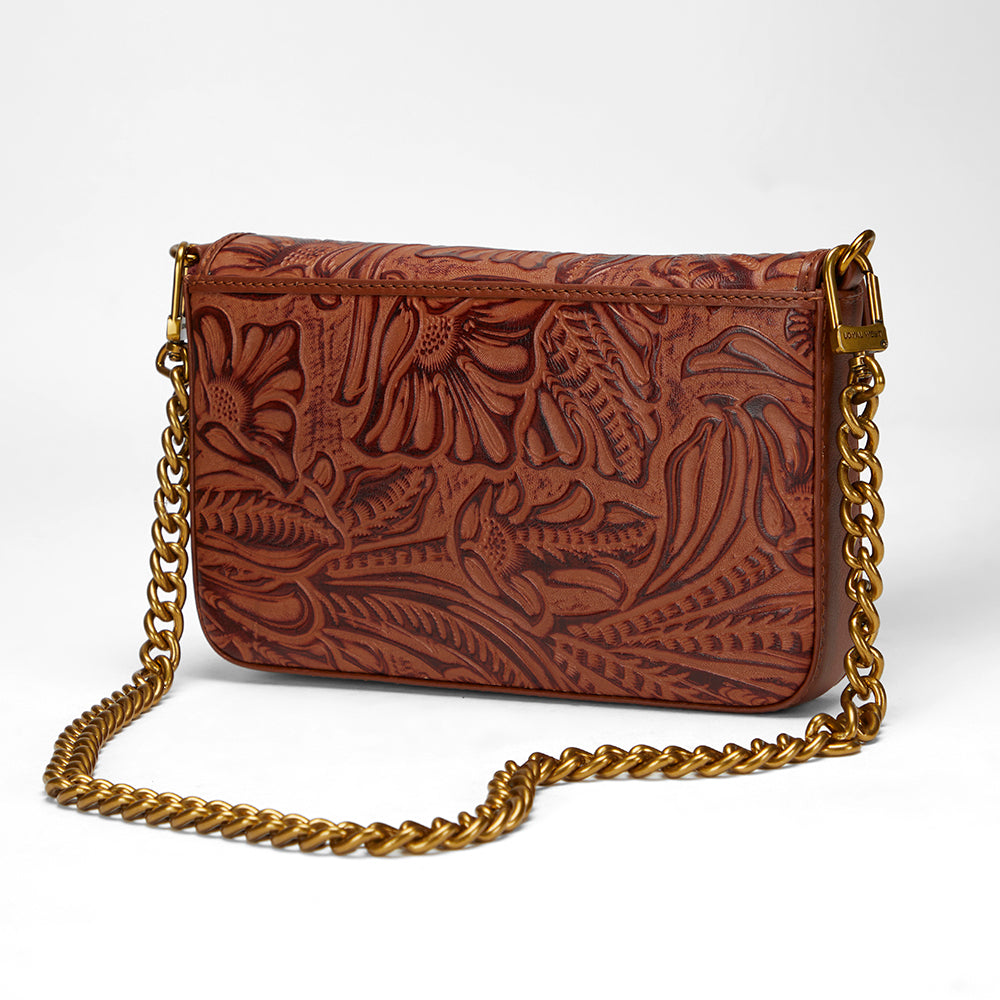 Loyal West LW ON THE GO MINI CHAIN BAG IN HAND FINISHED EMBOSSED LEATHER - BROWN - Myra USA