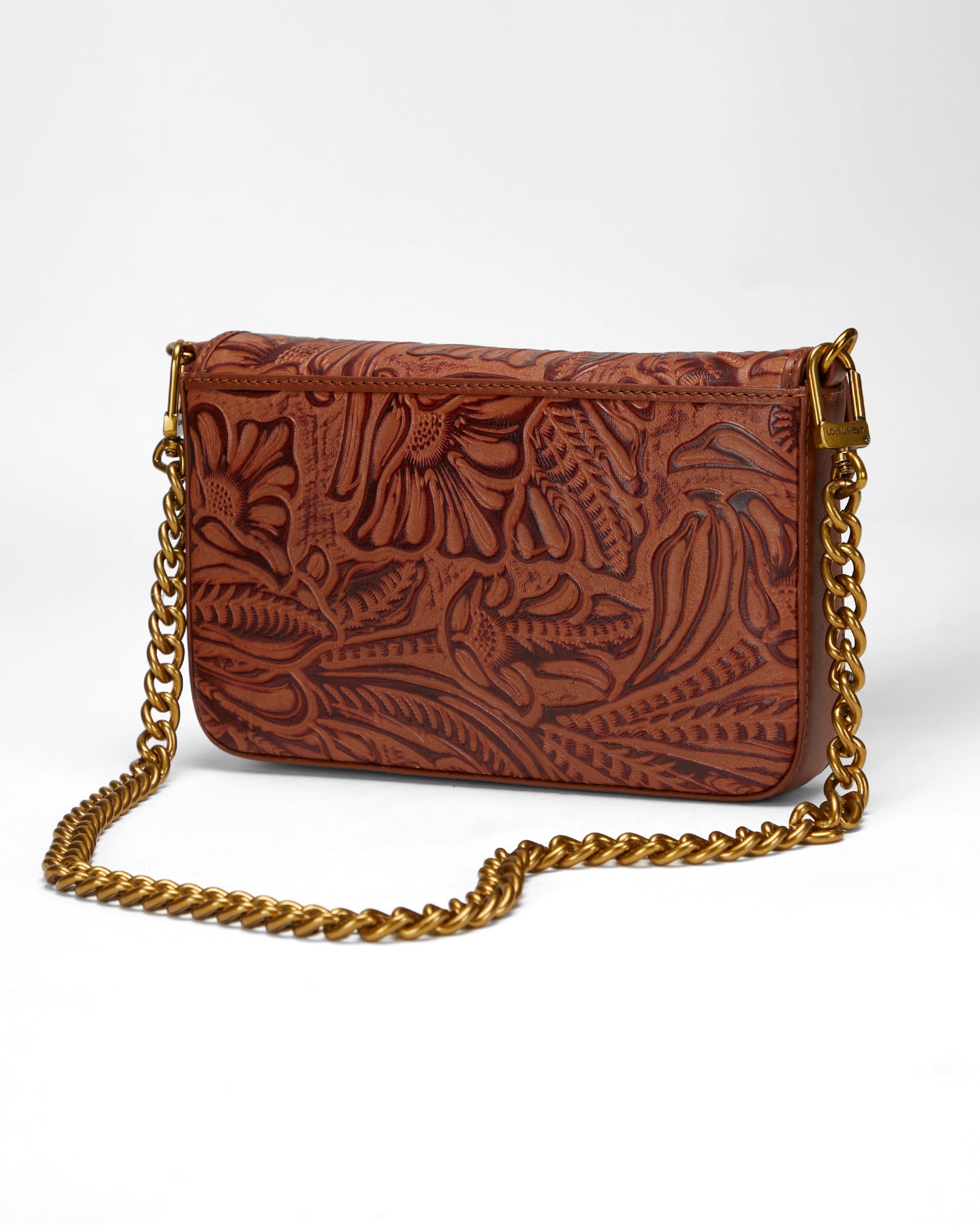 Loyal West LW ON THE GO MINI CHAIN BAG IN HAND FINISHED EMBOSSED LEATHER - BROWN - Myra USA