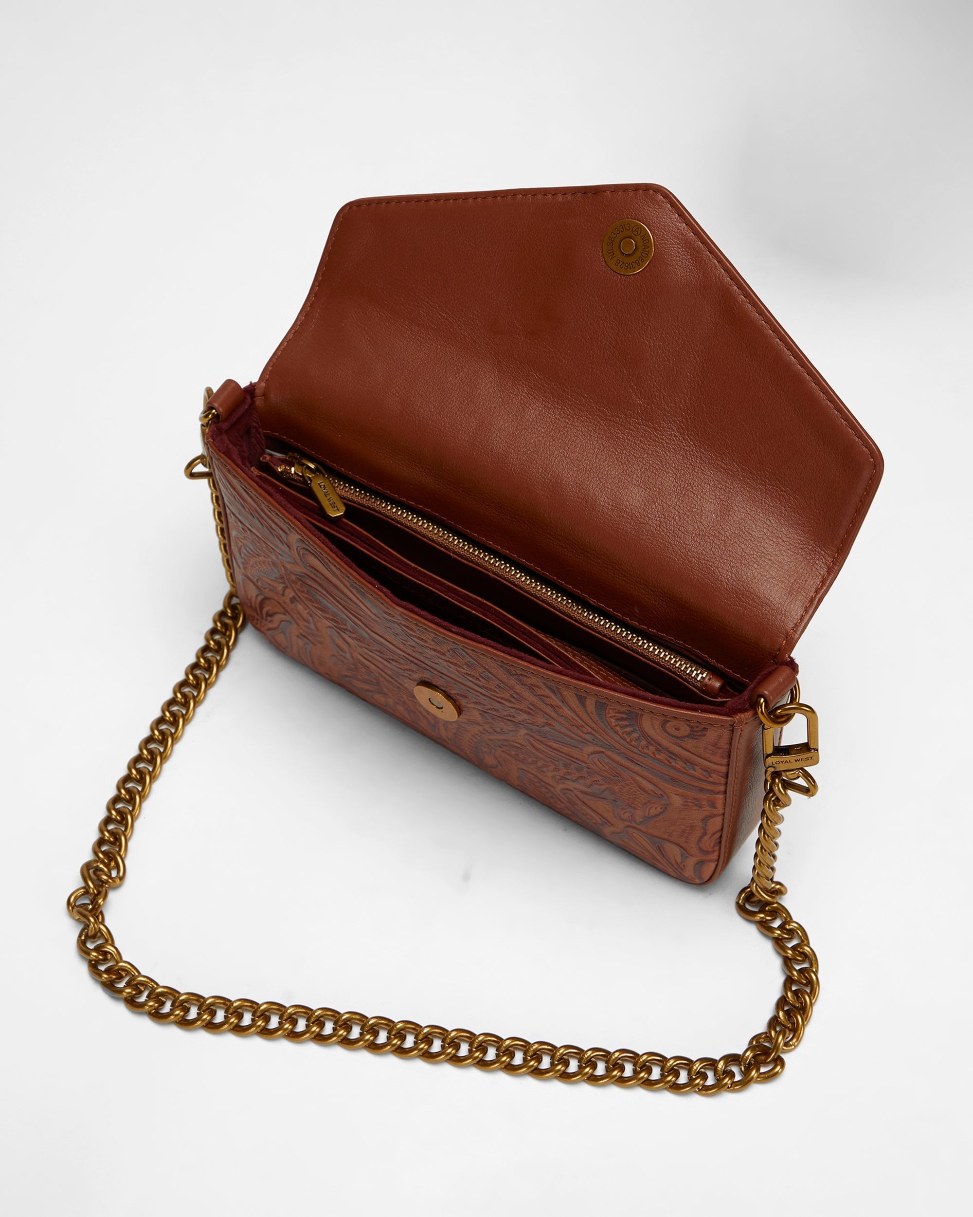 Loyal West LW ON THE GO MINI CHAIN BAG IN HAND FINISHED EMBOSSED LEATHER - BROWN - Myra USA