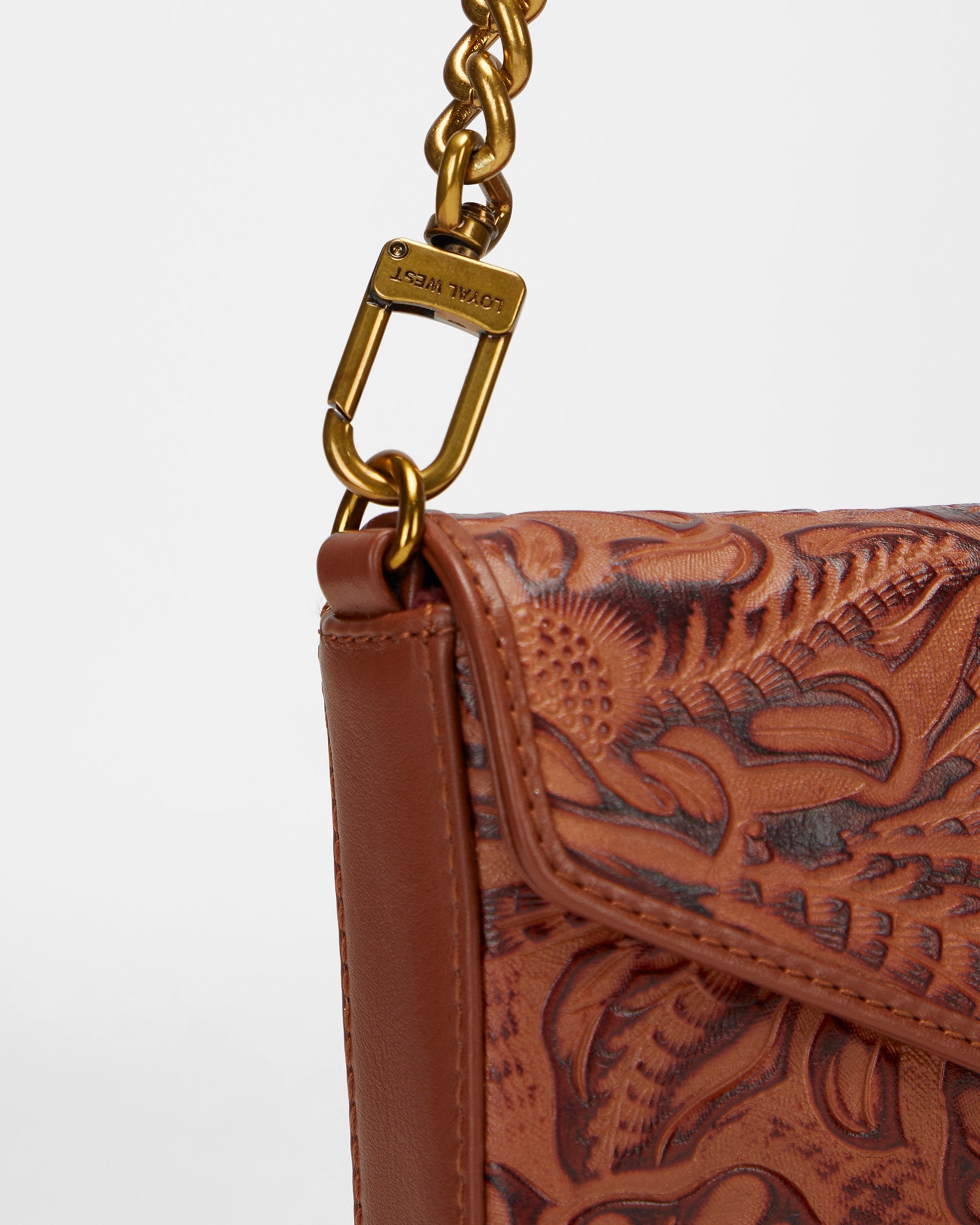 Loyal West LW ON THE GO MINI CHAIN BAG IN HAND FINISHED EMBOSSED LEATHER - BROWN - Myra USA
