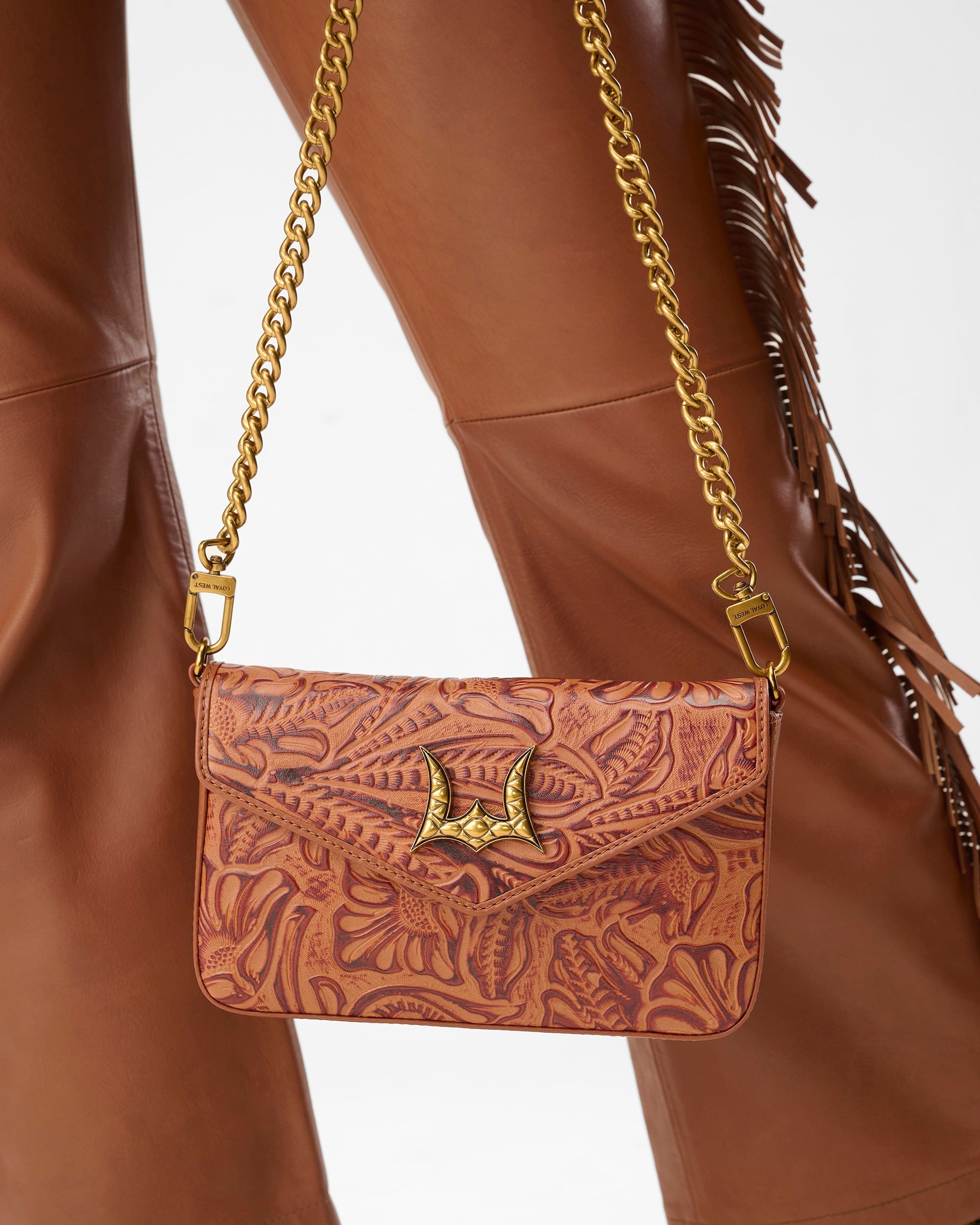 Loyal West LW ON THE GO MINI CHAIN BAG IN HAND FINISHED EMBOSSED LEATHER - BROWN - Myra USA