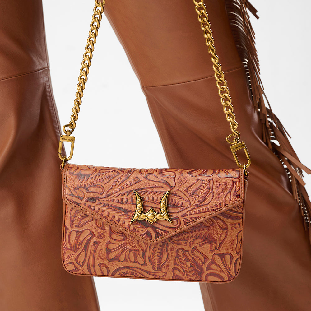 Loyal West LW ON THE GO MINI CHAIN BAG IN HAND FINISHED EMBOSSED LEATHER - BROWN - Myra USA
