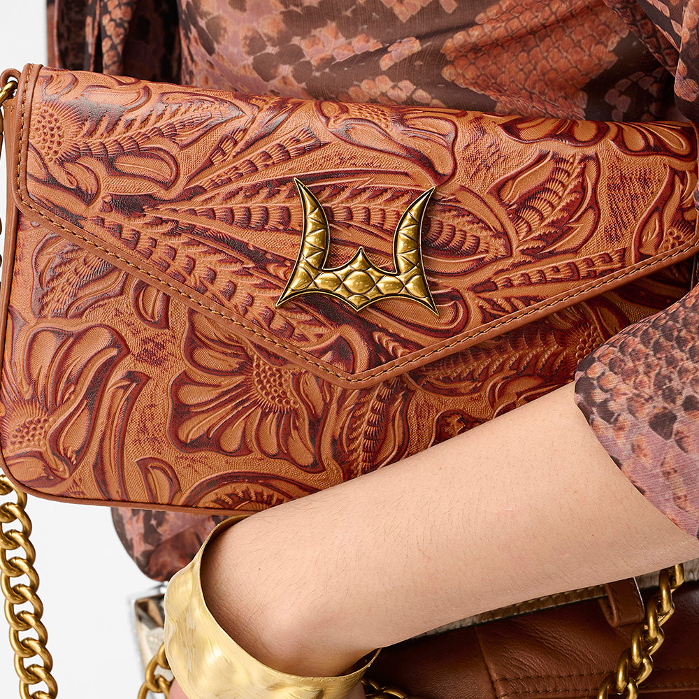 Loyal West LW ON THE GO MINI CHAIN BAG IN HAND FINISHED EMBOSSED LEATHER - BROWN - Myra USA