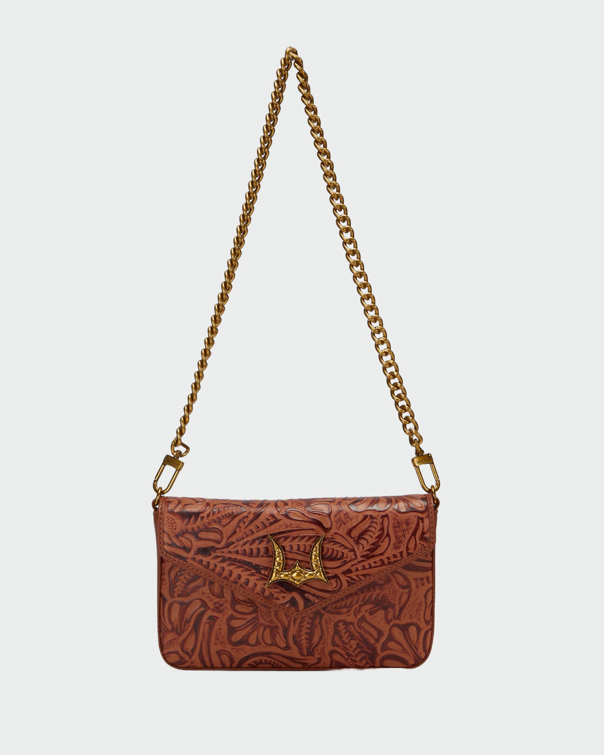 Loyal West LW ON THE GO MINI CHAIN BAG IN HAND FINISHED EMBOSSED LEATHER - BROWN - Myra USA