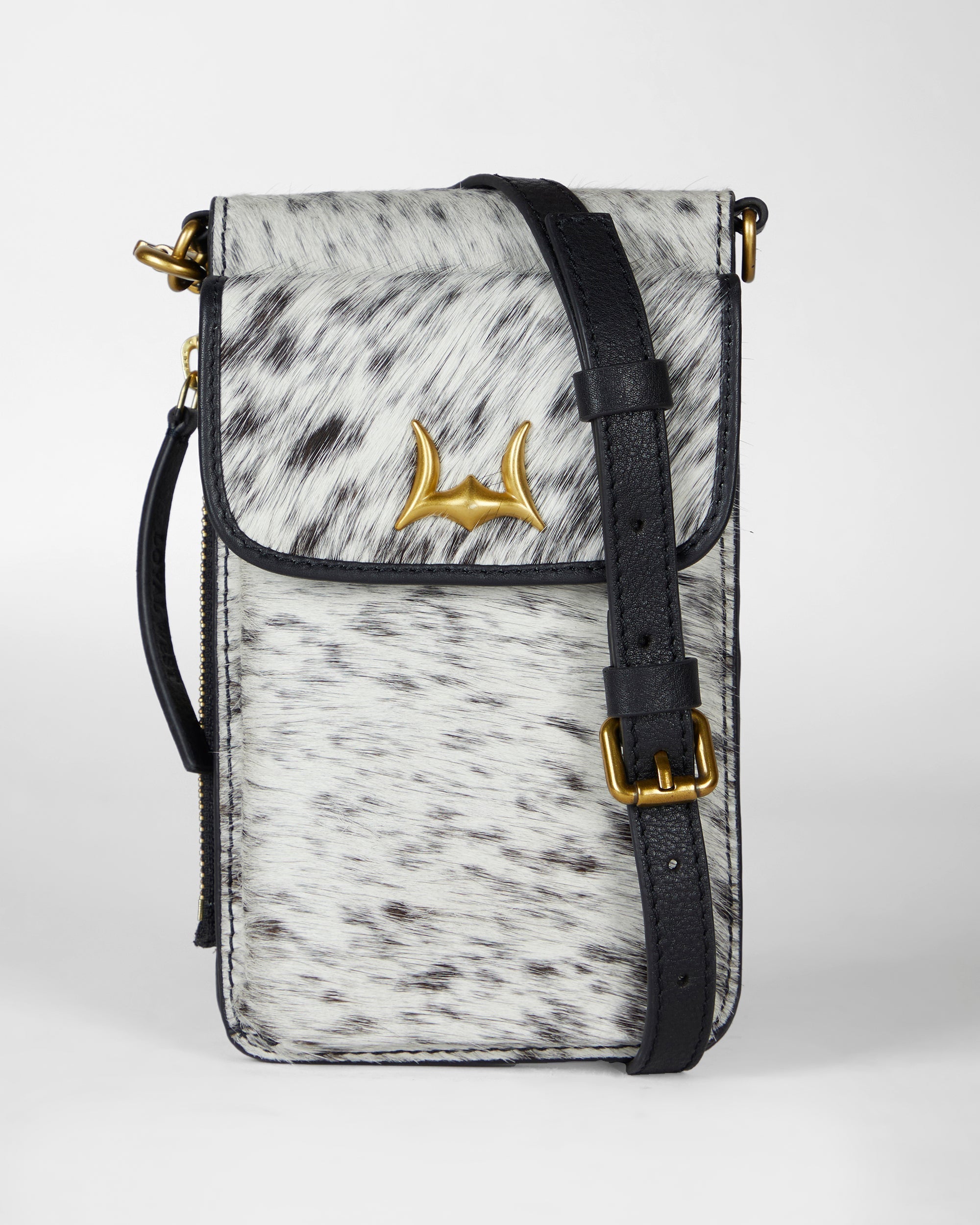Loyal West SHELL PHONE BAG IN BLACK AND WHITE COWHIDE