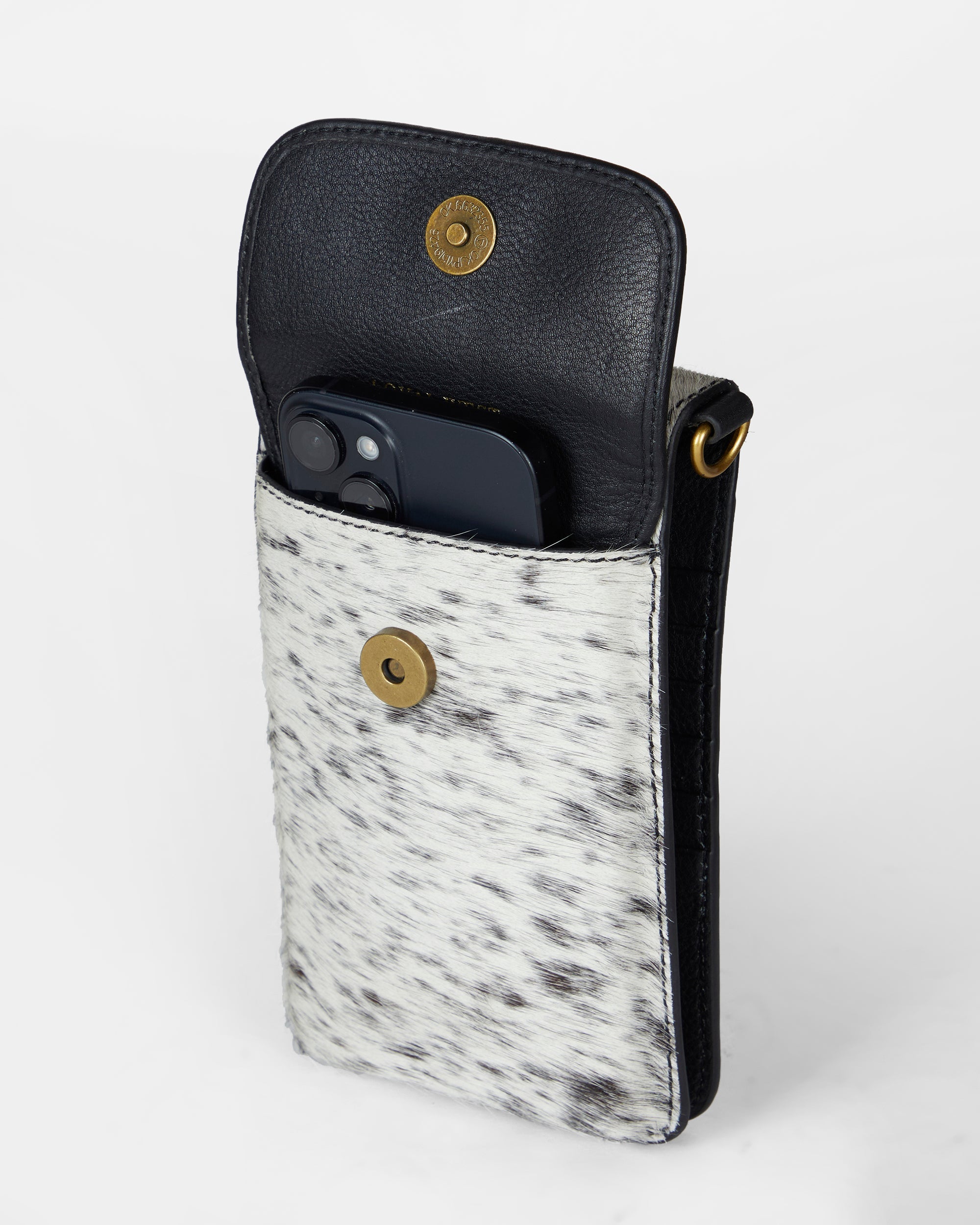 Loyal West SHELL PHONE BAG IN BLACK AND WHITE COWHIDE