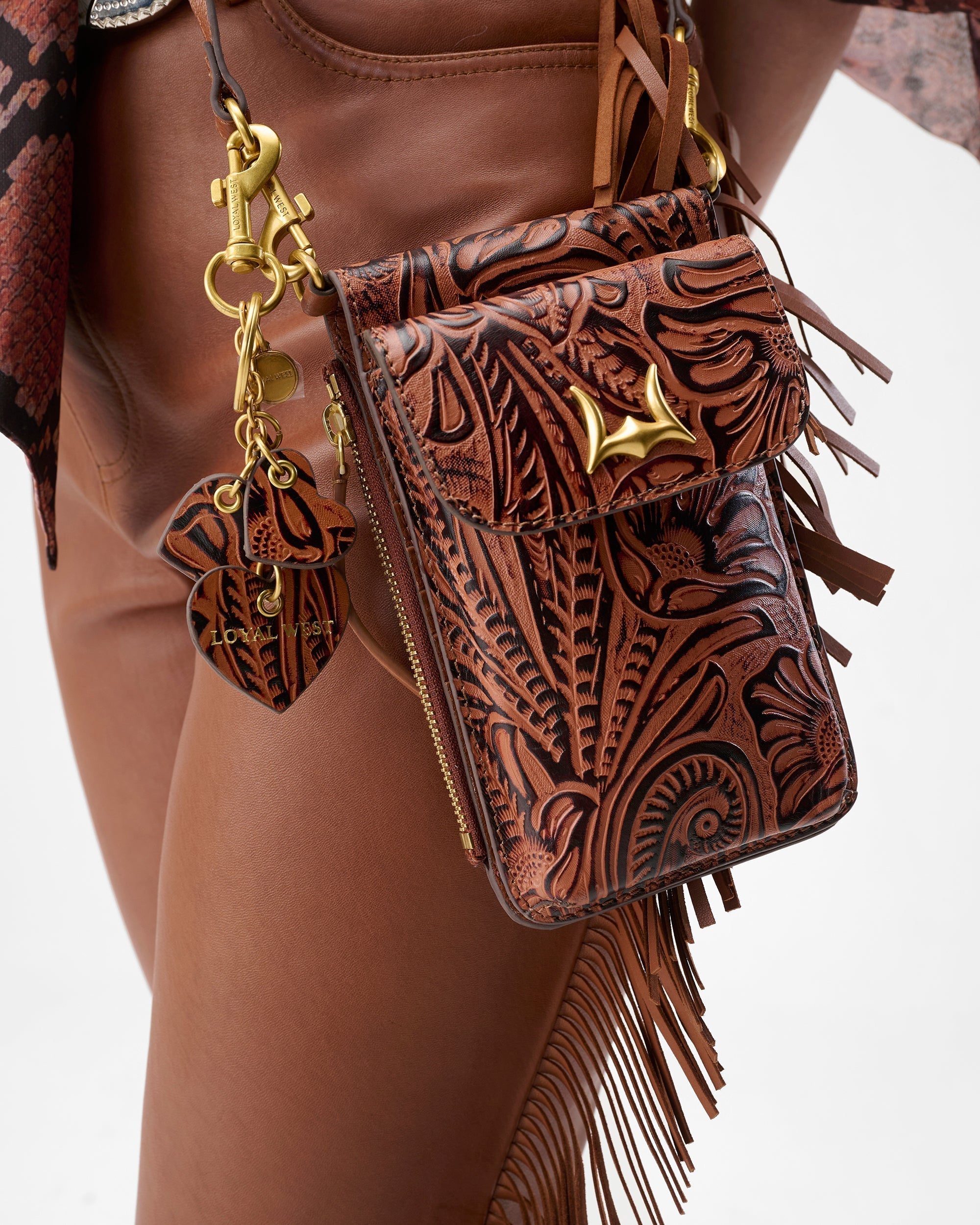 Loyal West SHELL PHONE BAG IN HAND FINISHED EMBOSSED LEATHER - BROWN