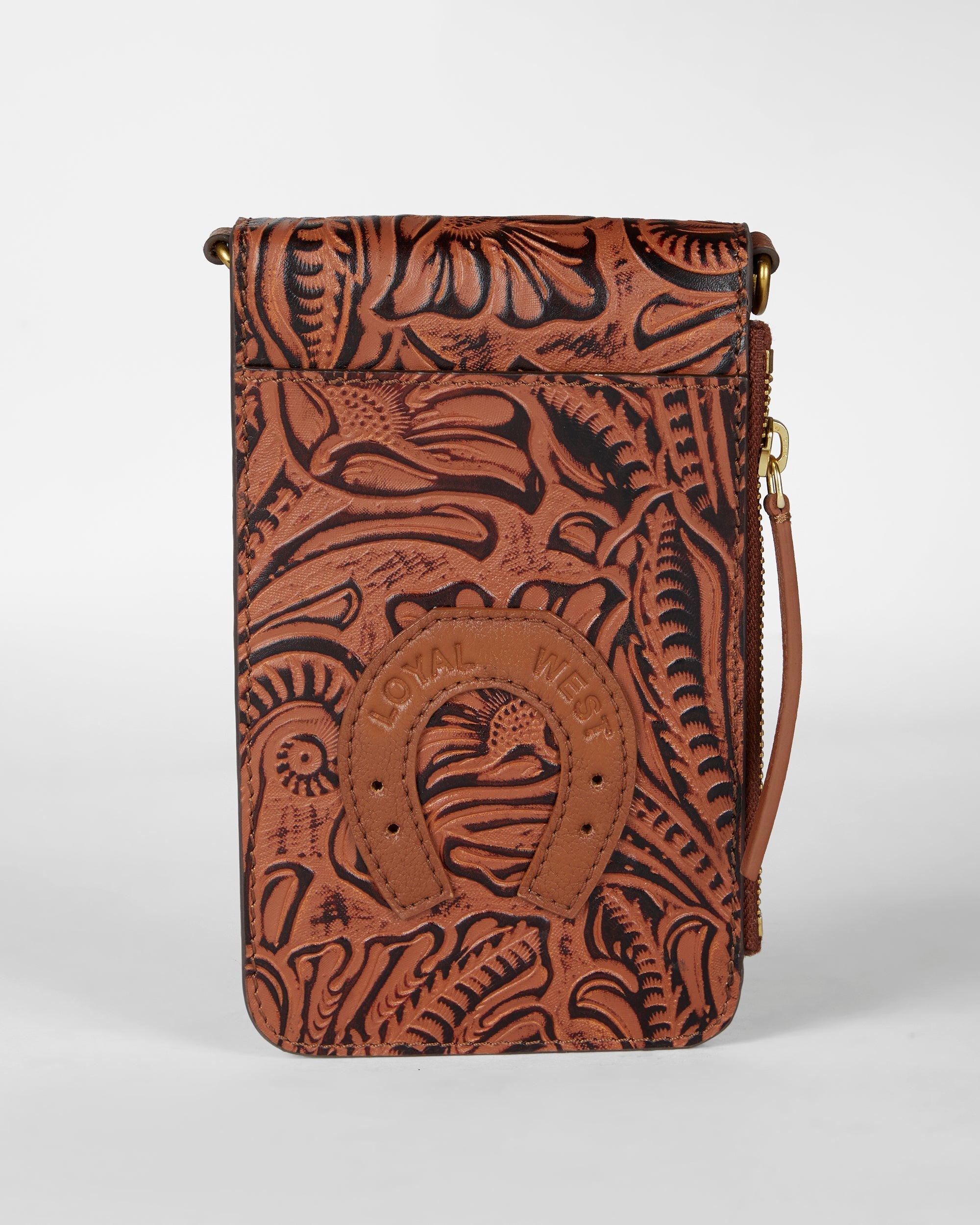 Loyal West SHELL PHONE BAG IN HAND FINISHED EMBOSSED LEATHER - BROWN