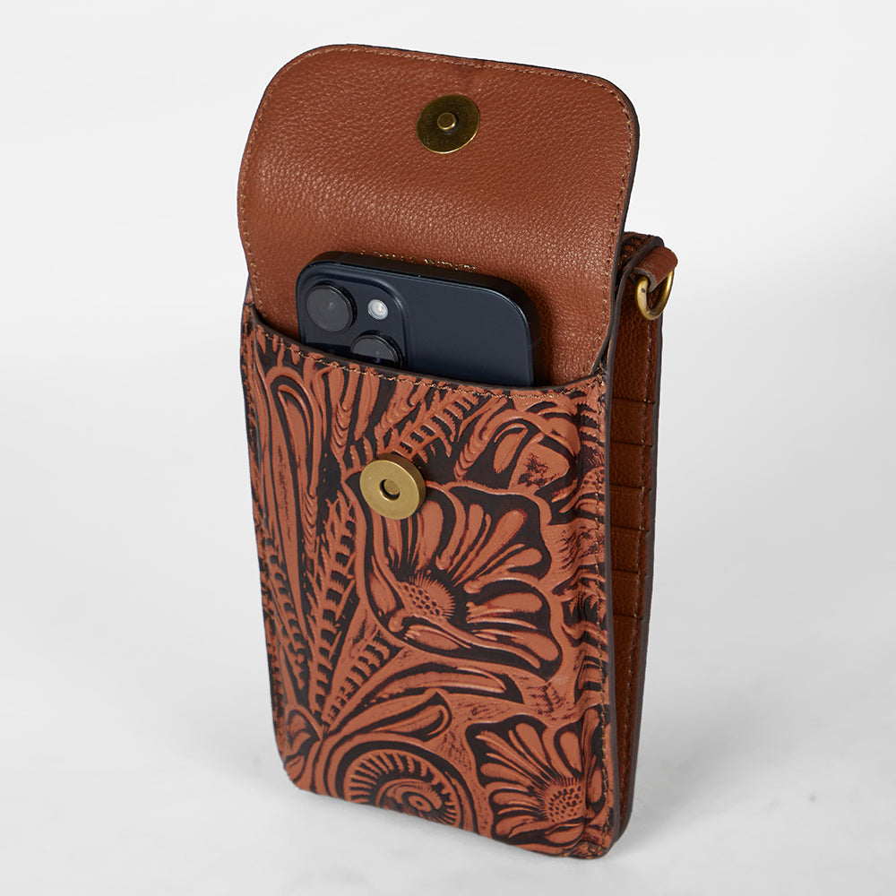 Loyal West SHELL PHONE BAG IN HAND FINISHED EMBOSSED LEATHER - BROWN - Myra USA