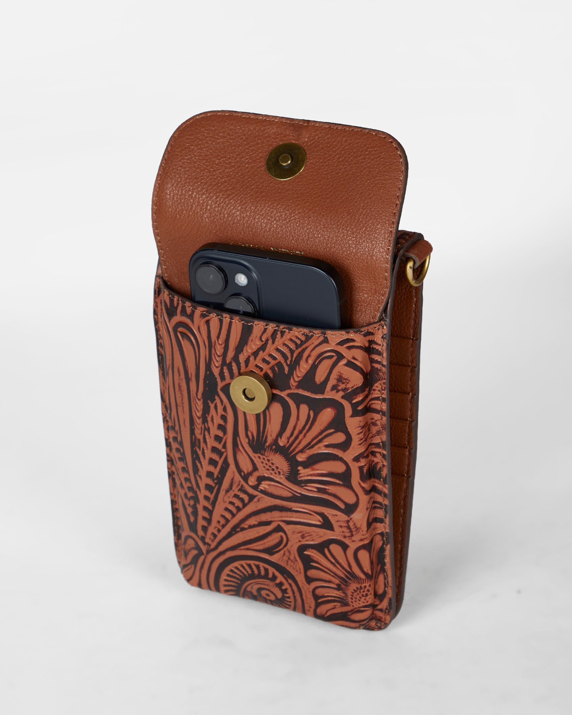 Loyal West SHELL PHONE BAG IN HAND FINISHED EMBOSSED LEATHER - BROWN