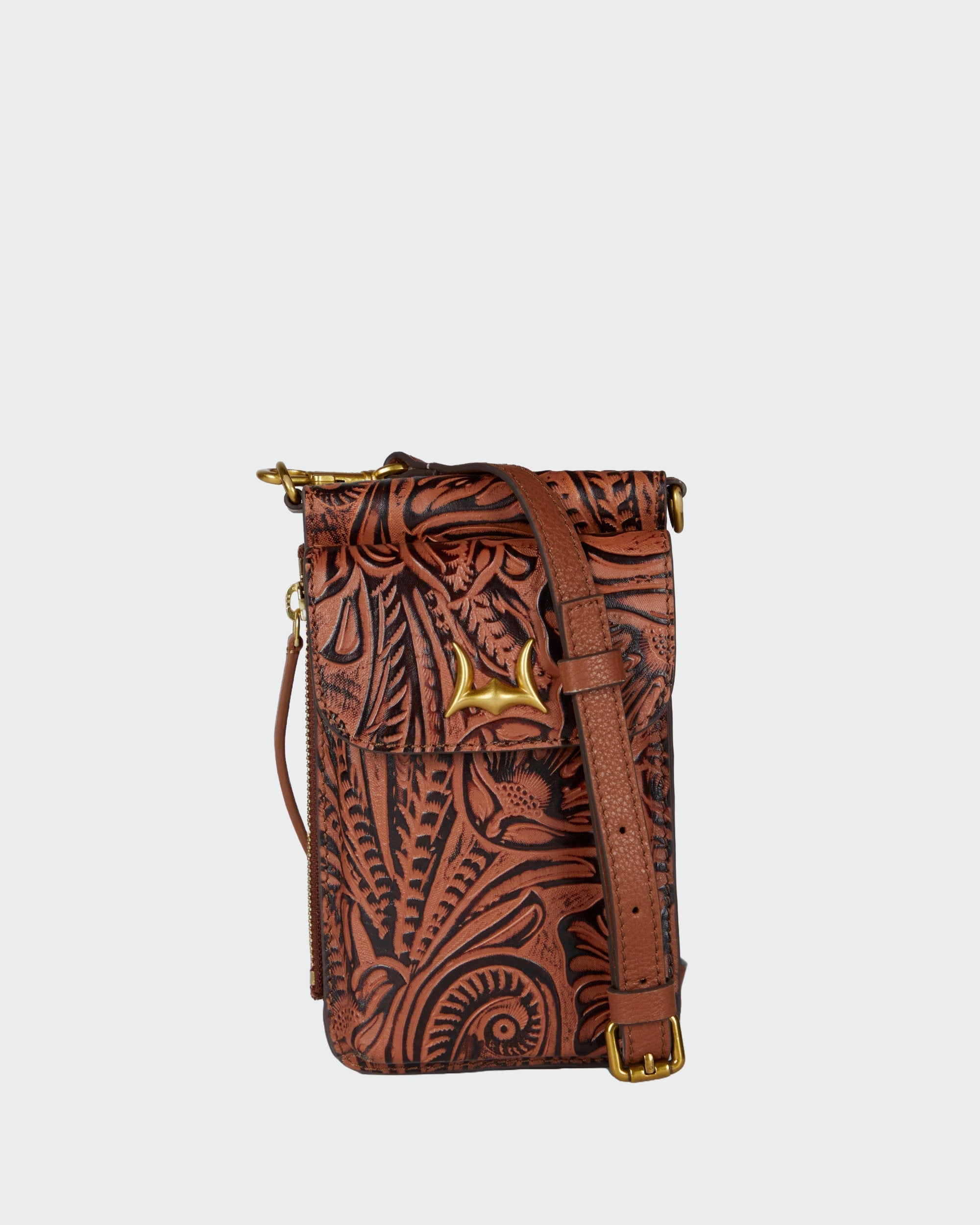 Loyal West SHELL PHONE BAG IN HAND FINISHED EMBOSSED LEATHER - BROWN