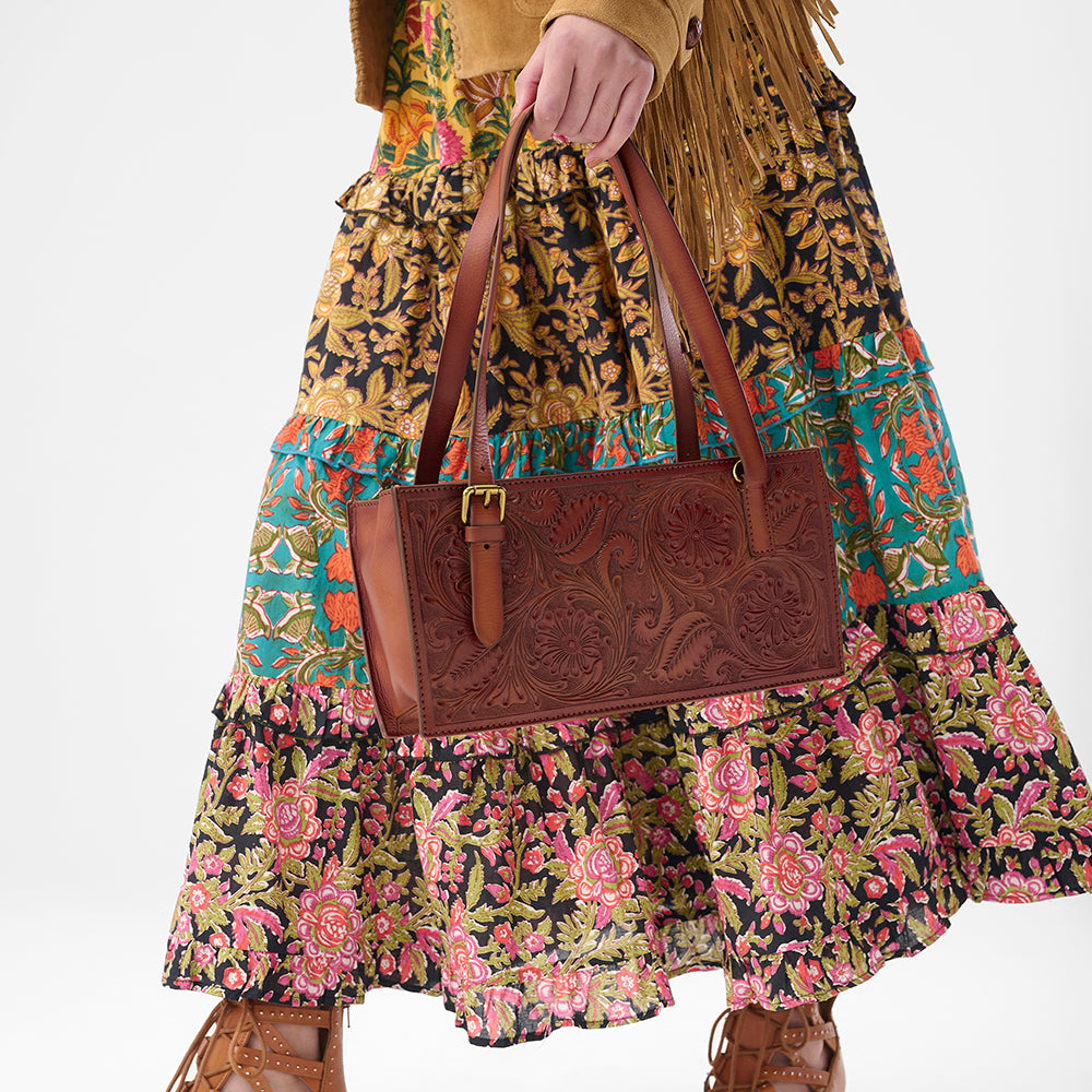 Loyal West MIVVA HANDTOOLED MINI BAG - SOFT WALNUT LEATHER - Myra USA