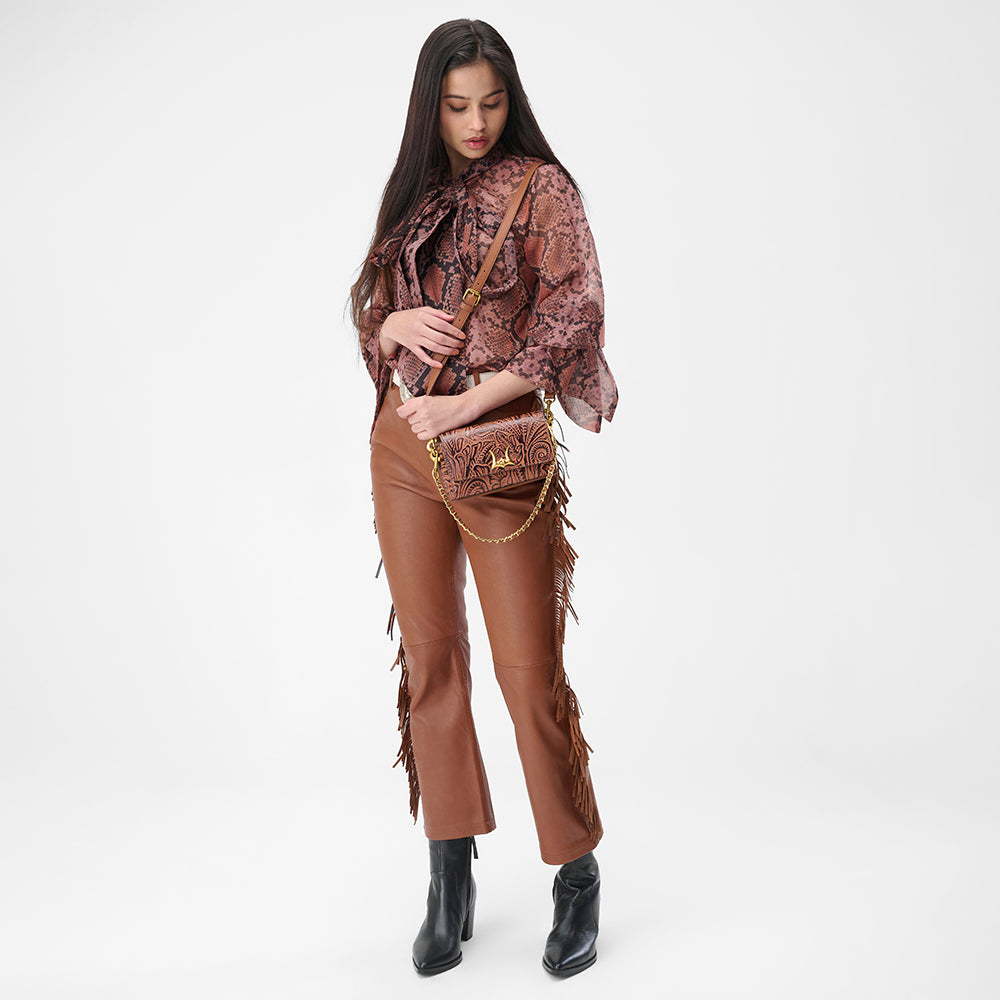 Loyal West SAVI MINI BAG IN HAND FINISHED EMBOSSED LEATHER - BROWN - Myra USA