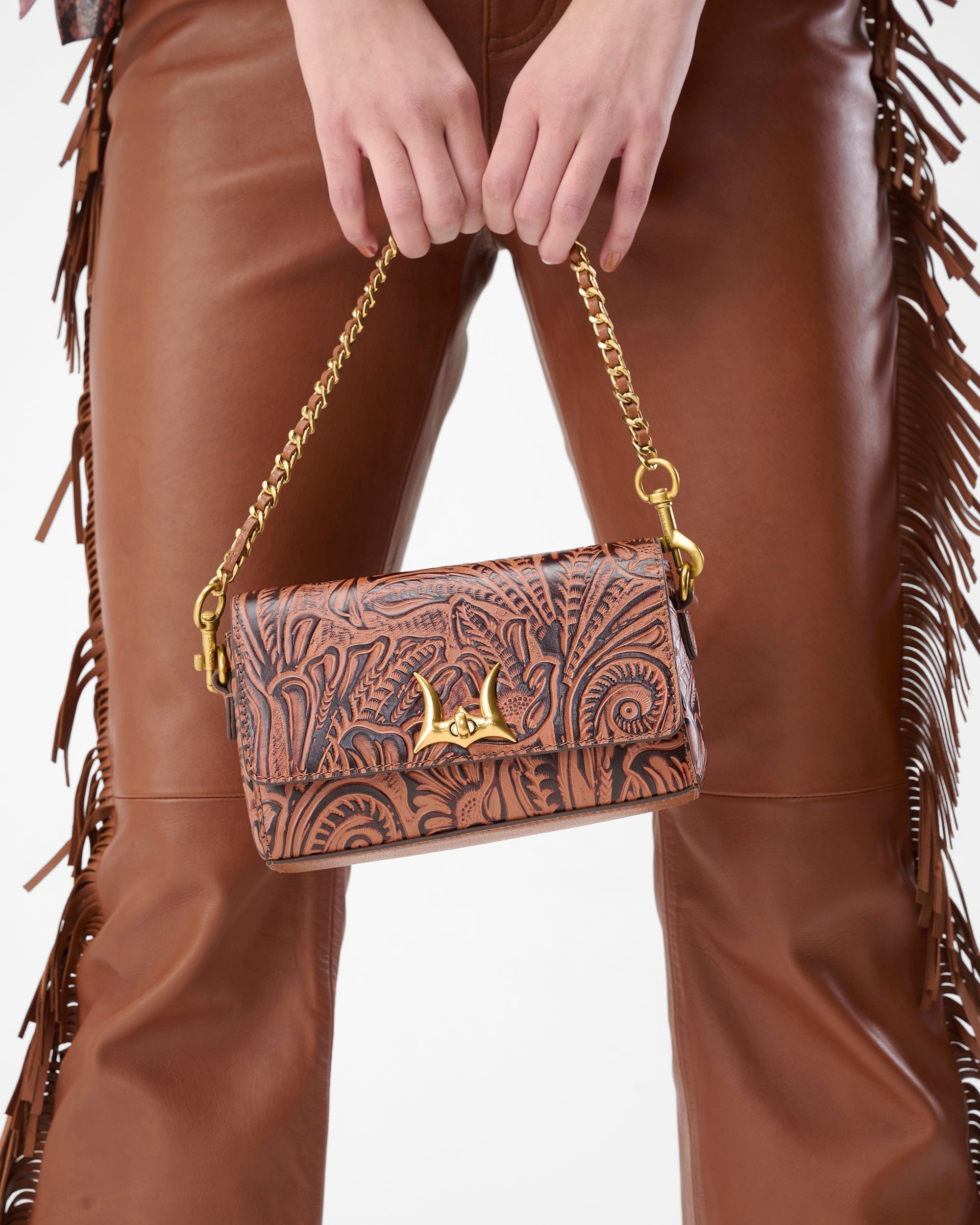 Loyal West SAVI MINI BAG IN HAND FINISHED EMBOSSED LEATHER - BROWN - Myra USA