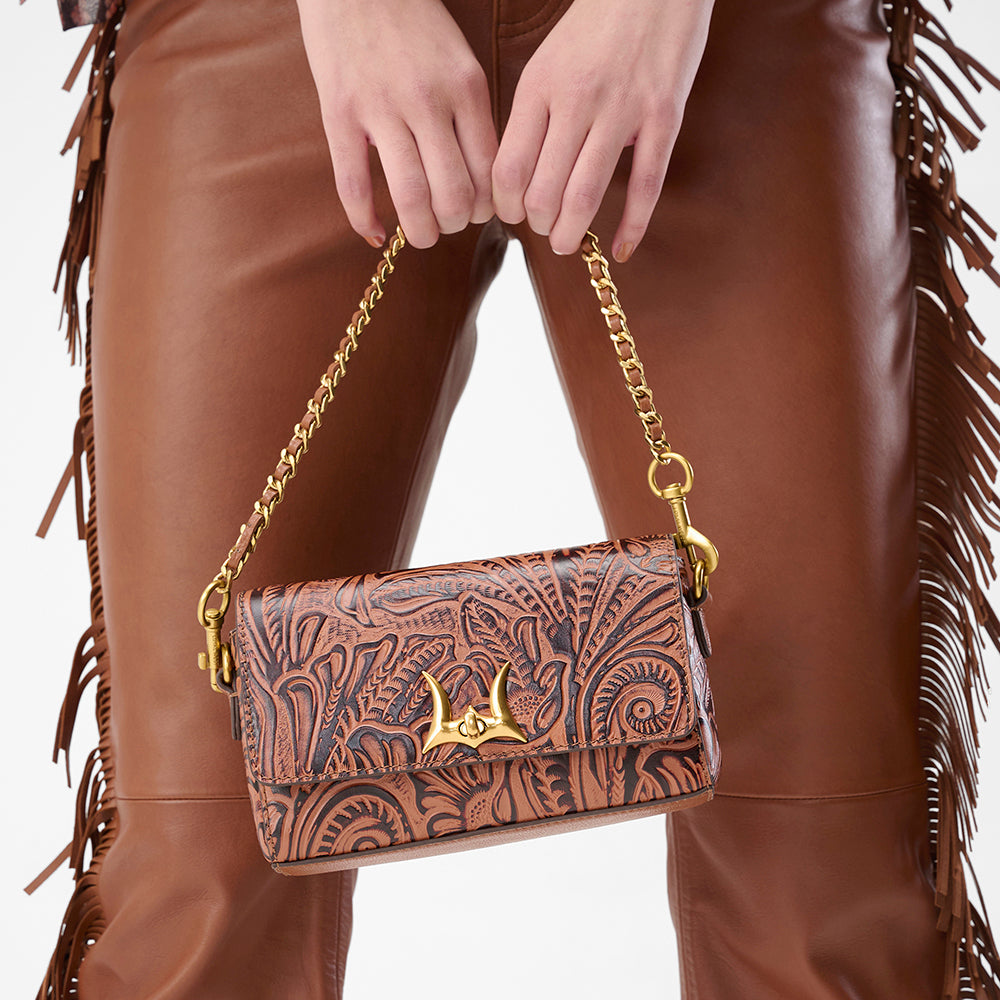 Loyal West SAVI MINI BAG IN HAND FINISHED EMBOSSED LEATHER - BROWN - Myra USA