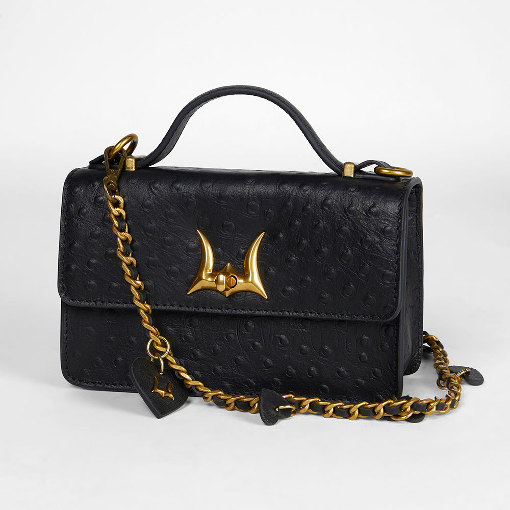 Loyal West HEART CHARM CHAIN IN BLACK CALF LEATHER (2 In 1 Crossbody Chain) - Myra USA