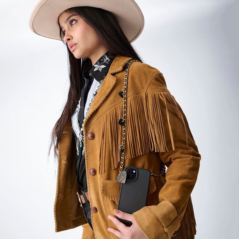 Loyal West HEART CHARM CHAIN IN BLACK CALF LEATHER (2 In 1 Crossbody Chain) - Myra USA