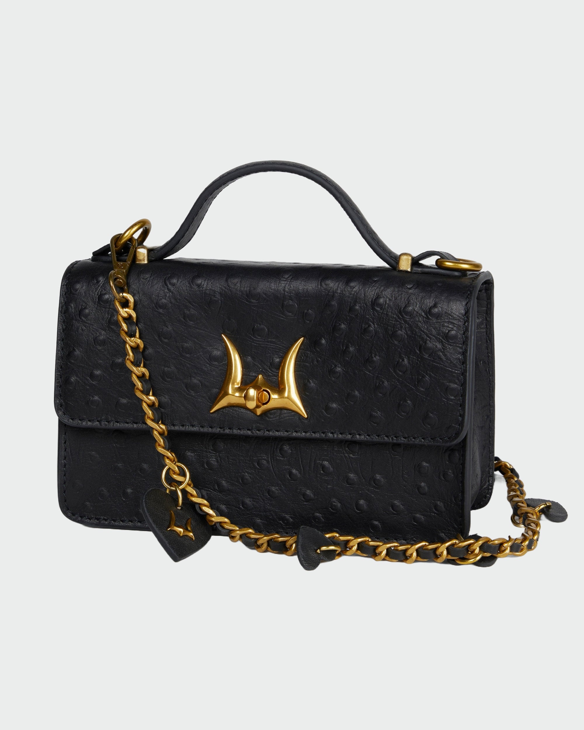 Loyal West HEART CHARM CHAIN IN BLACK CALF LEATHER (2 In 1 Crossbody Chain)