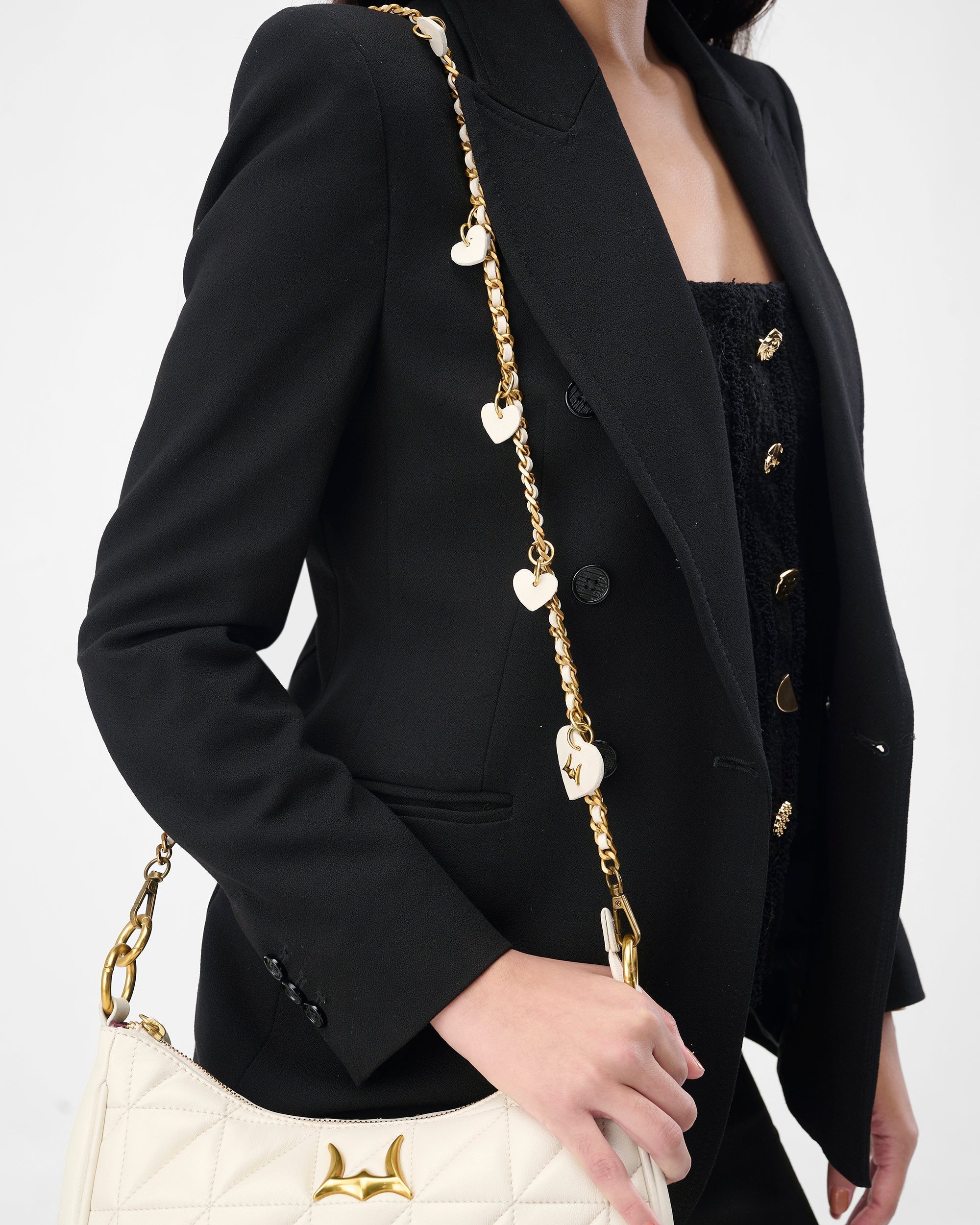 Loyal West HEART CHARM CHAIN IN WHITE CALF LEATHER (2 In 1 Crossbody Chain)