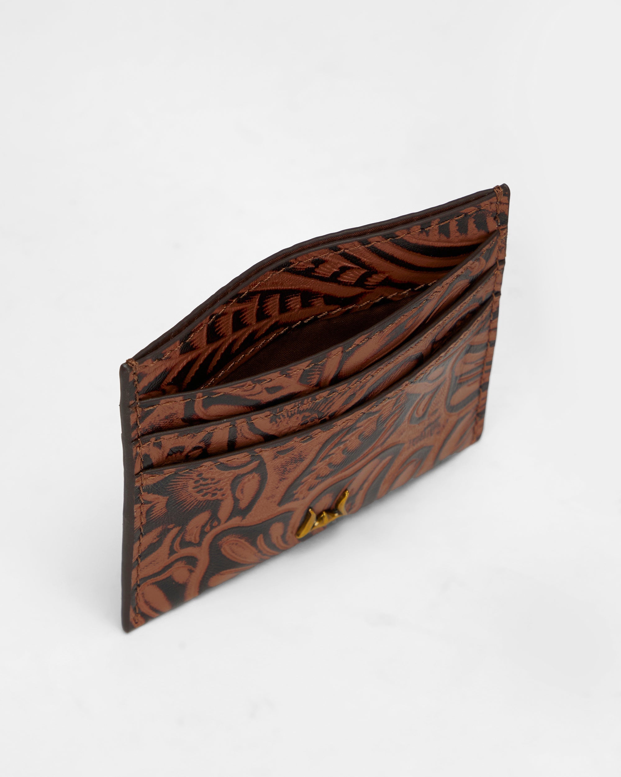 Loyal West SHELL CARD HOLDER IN HAND FINISHED EMBOSSED LEATHER - BROWN