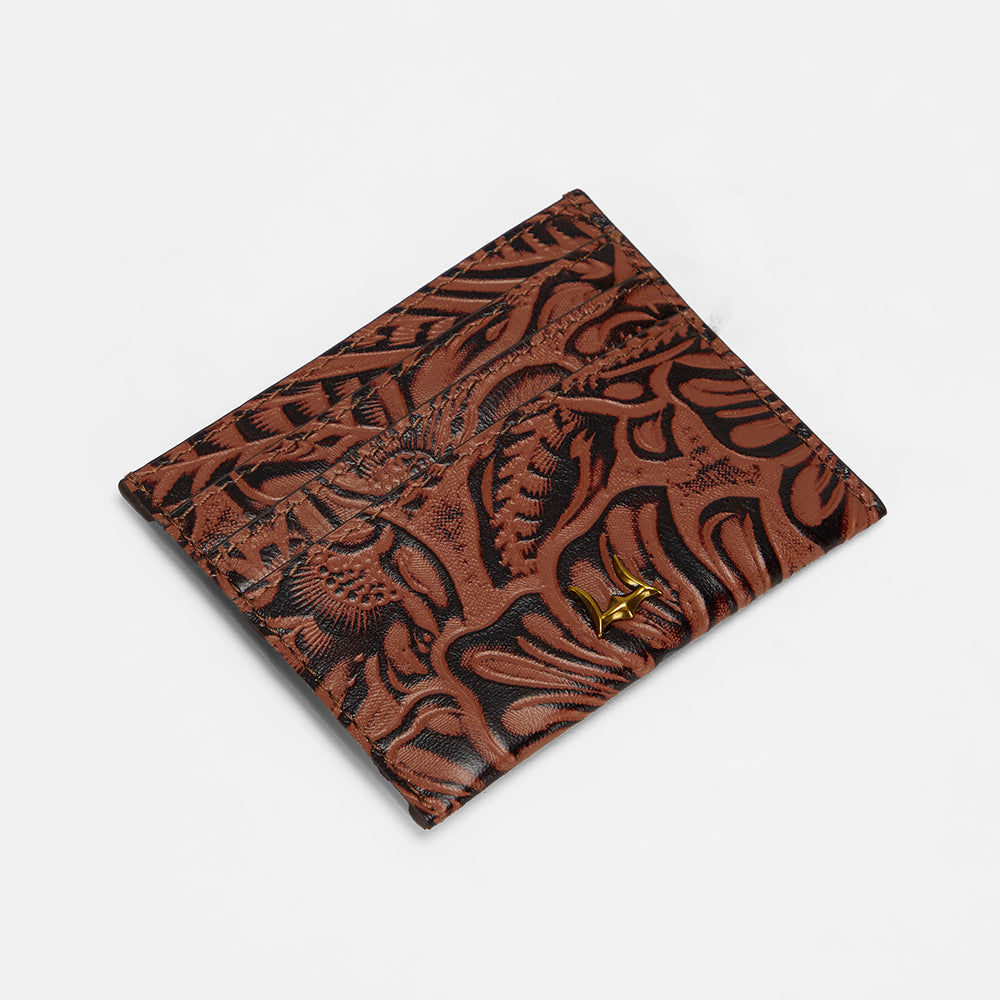 Loyal West SHELL CARD HOLDER IN HAND FINISHED EMBOSSED LEATHER - BROWN - Myra USA