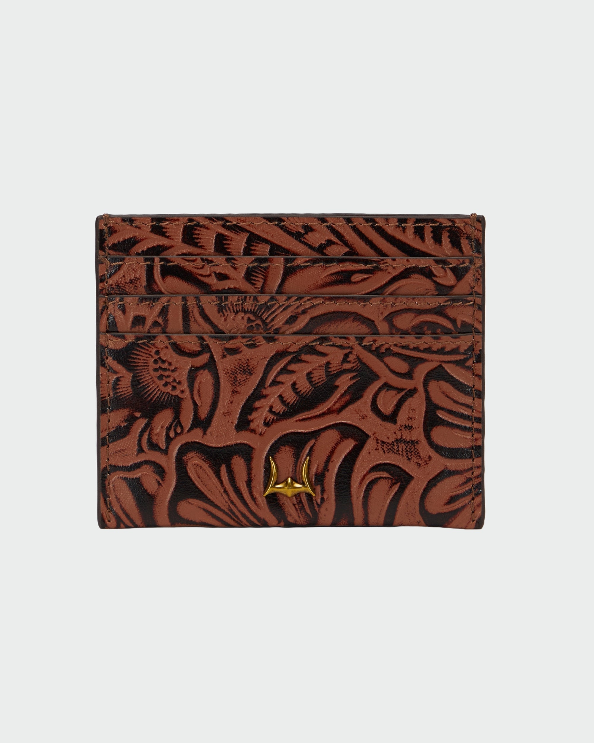 Loyal West SHELL CARD HOLDER IN HAND FINISHED EMBOSSED LEATHER - BROWN