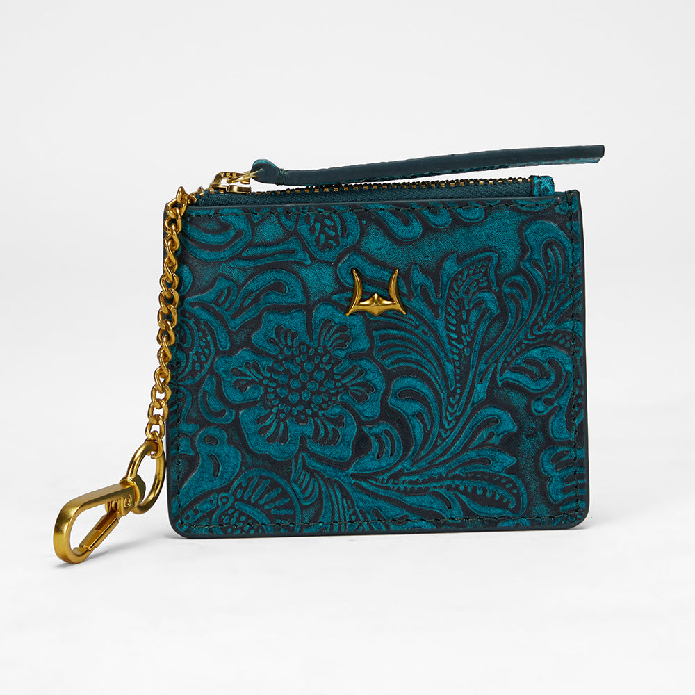 Loyal West SOPHIA CREDIT CARD HOLDER IN HAND FINISHED EMBOSSED LEATHER - TURQUOISE - Myra USA