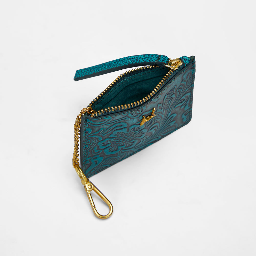 Loyal West SOPHIA CREDIT CARD HOLDER IN HAND FINISHED EMBOSSED LEATHER - TURQUOISE - Myra USA