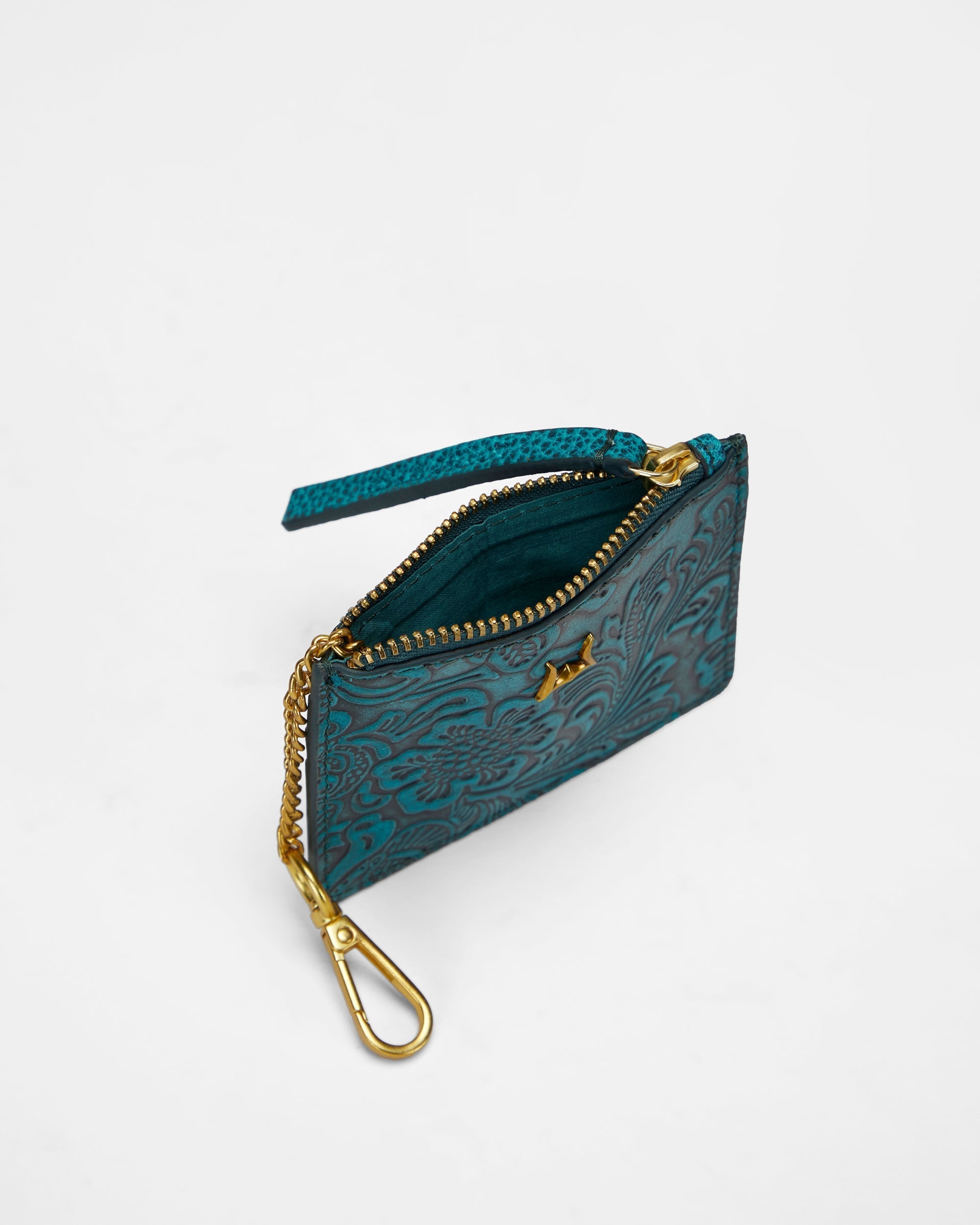 Loyal West SOPHIA CREDIT CARD HOLDER IN HAND FINISHED EMBOSSED LEATHER - TURQUOISE