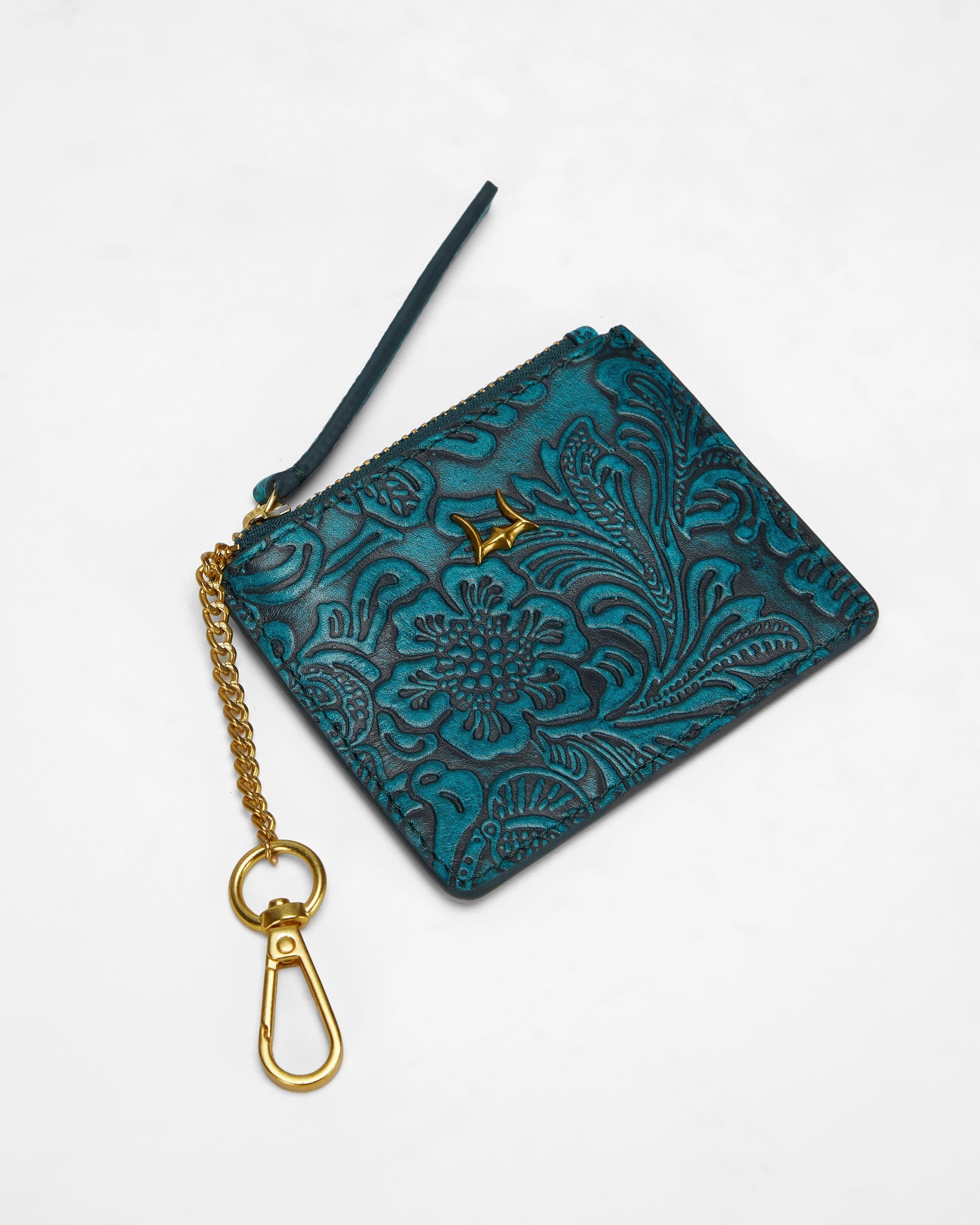 Loyal West SOPHIA CREDIT CARD HOLDER IN HAND FINISHED EMBOSSED LEATHER - TURQUOISE