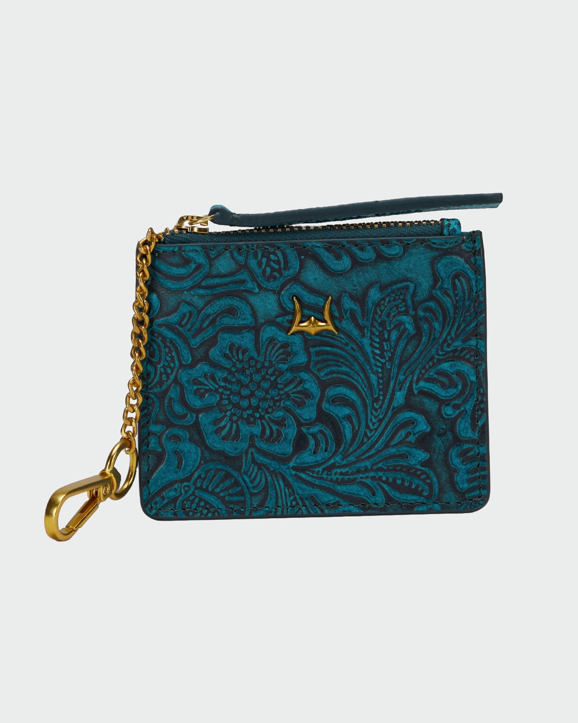 Loyal West SOPHIA CREDIT CARD HOLDER IN HAND FINISHED EMBOSSED LEATHER - TURQUOISE