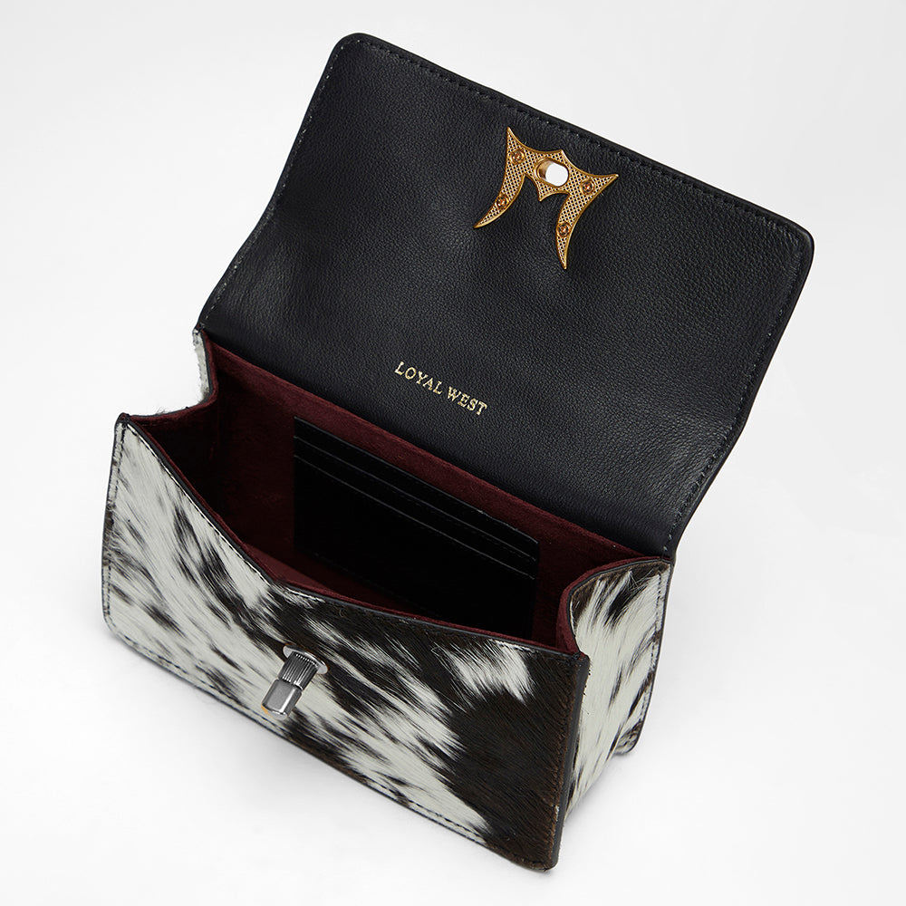 Loyal West VALENCIA OSTRICH LEATHER BAG - BLACK & WHITE COWHIDE - Myra USA